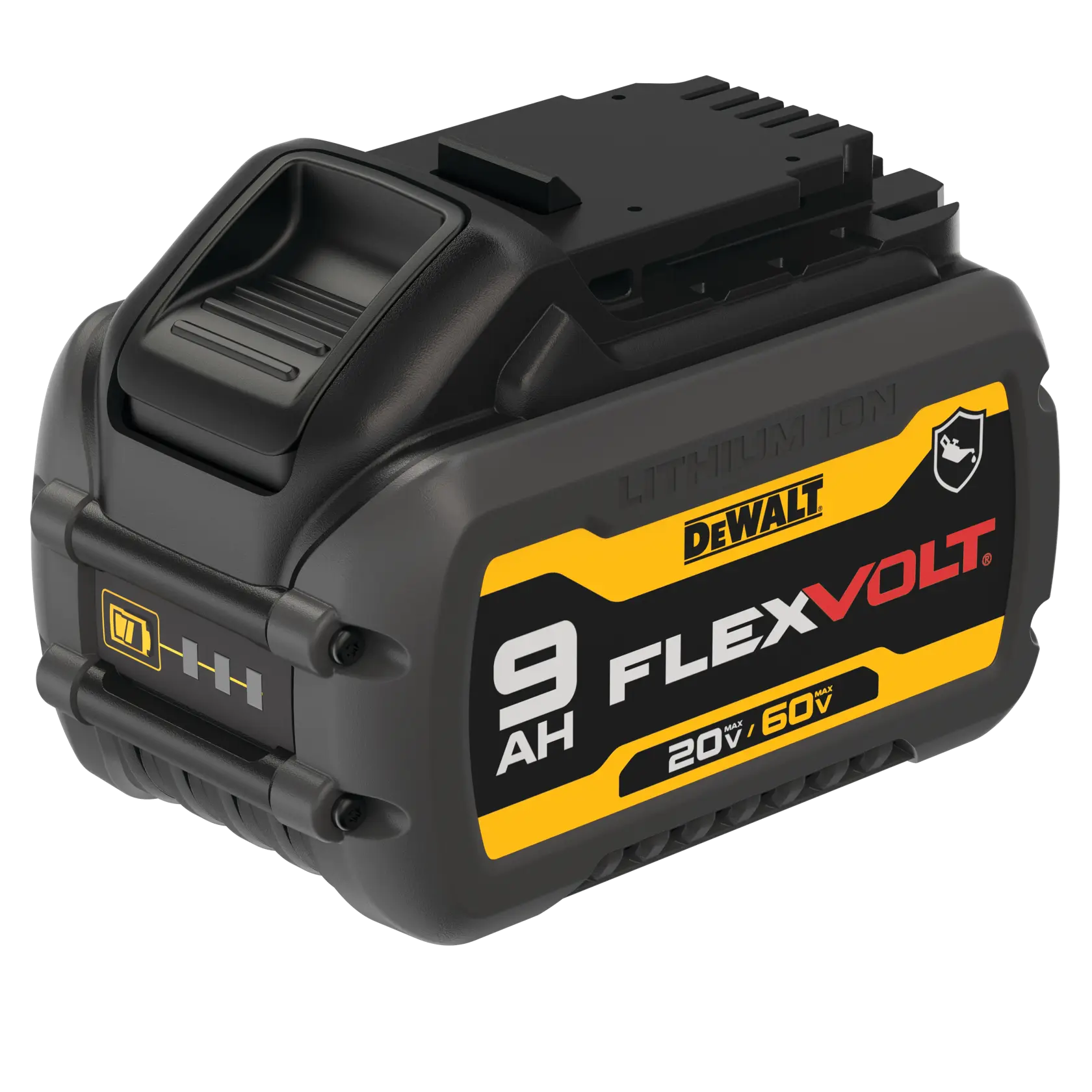 Um pack de bateria de íon de lítio DEWALT FLEXVOLT de 9 AH, exibindo detalhes de marca em amarelo e preto e especificações de voltagem de 20V e 60V.