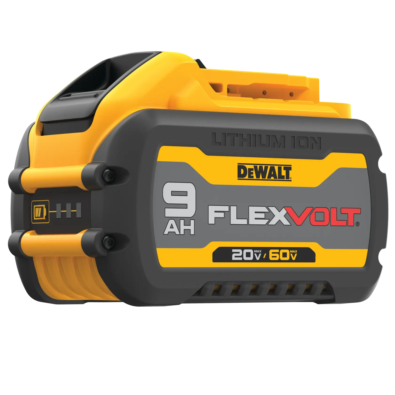 Foto da bateria DEWALT DCB609 FLEXVOLT 9Ah 20V/60V íon-lítio, amarela e preta, ângulo frontal.
