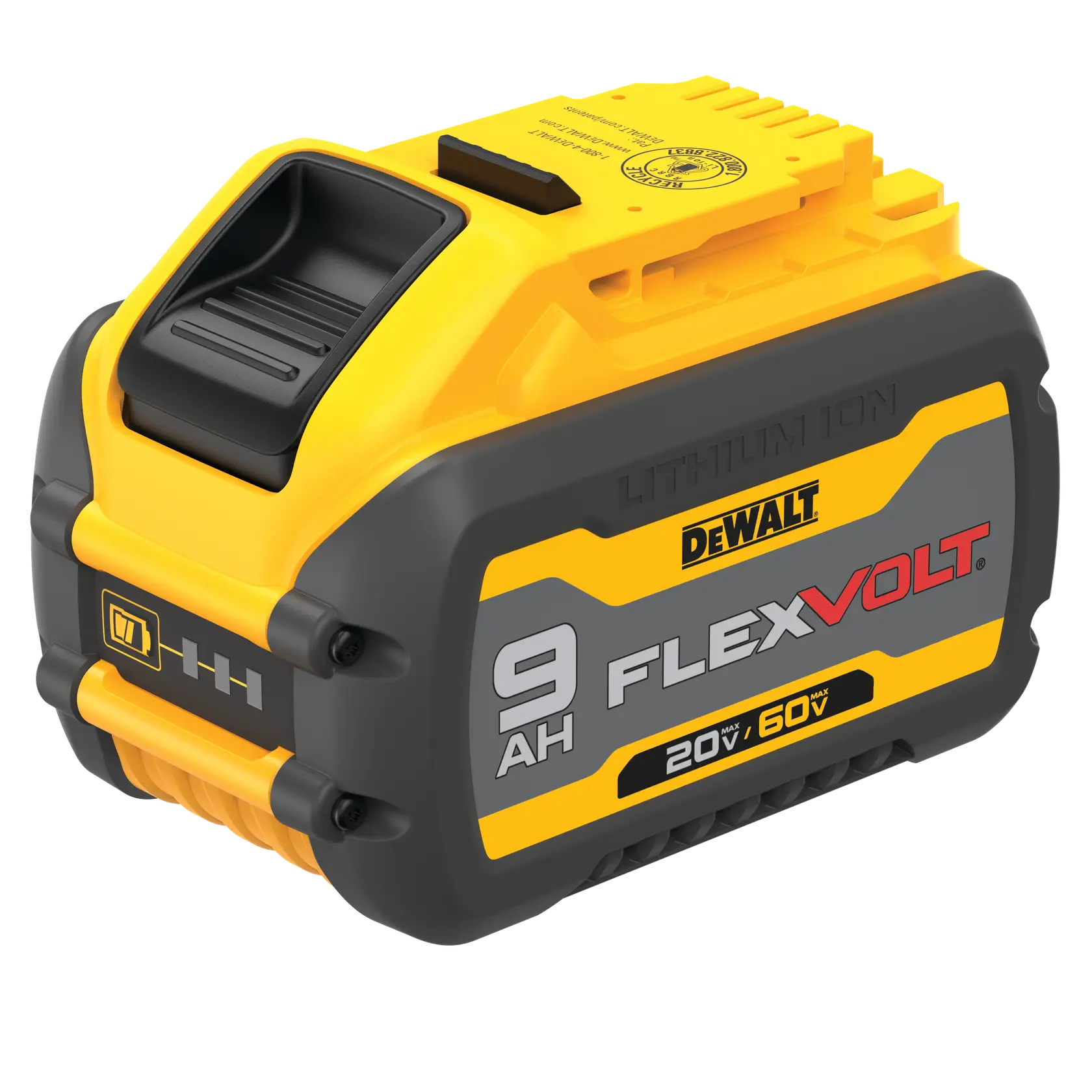 Foto da bateria DEWALT DCB609 FLEXVOLT 9Ah 20V/60V íon de lítio, vista frontal angulada, amarela e preta.