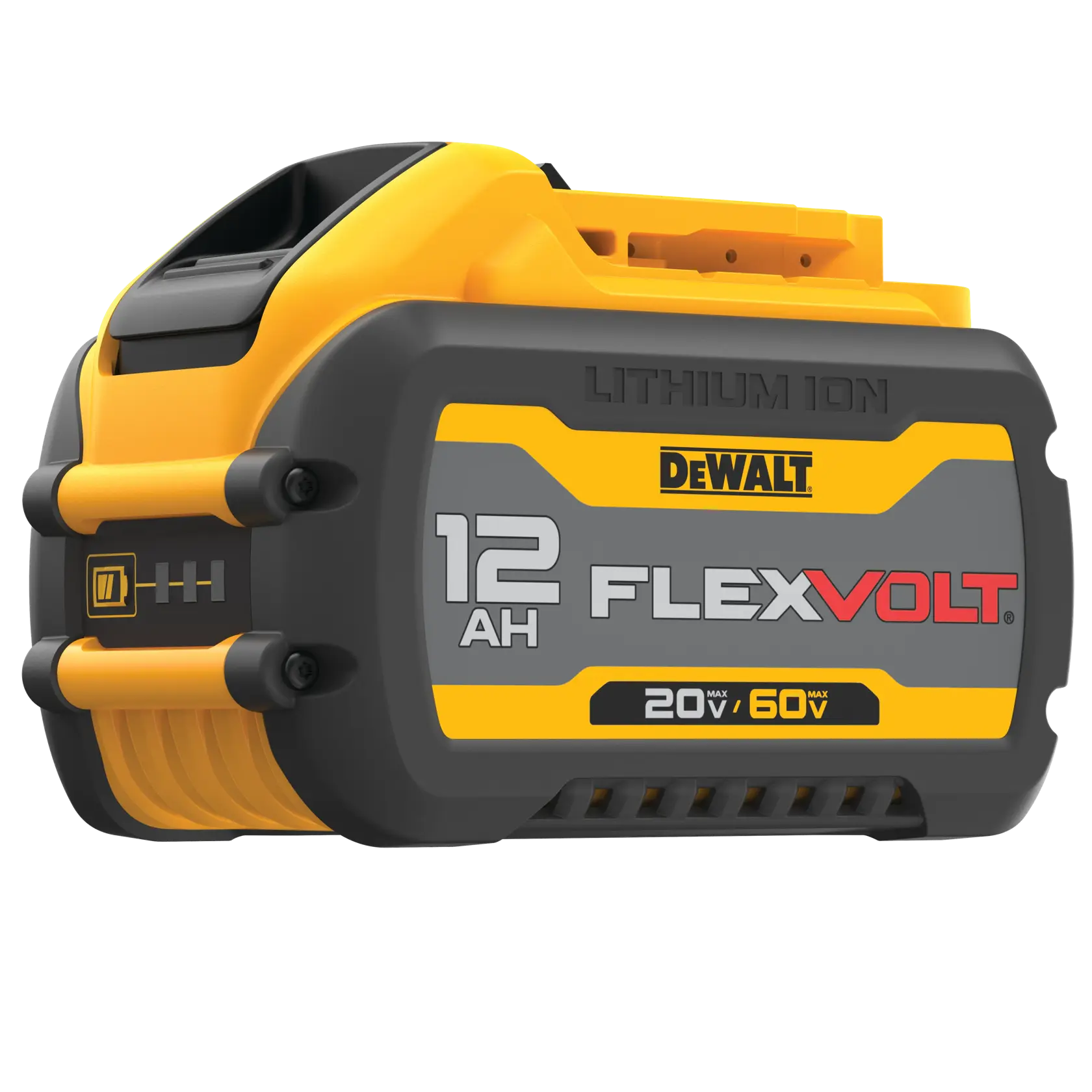 Uma bateria de íon de lítio DEWALT FLEXVOLT com capacidade de 12 ampere-hora (AH). A bateria tem coloração amarela, preta e cinza, com tensões de 20V e 60V, e a marca e especificações visíveis na lateral.