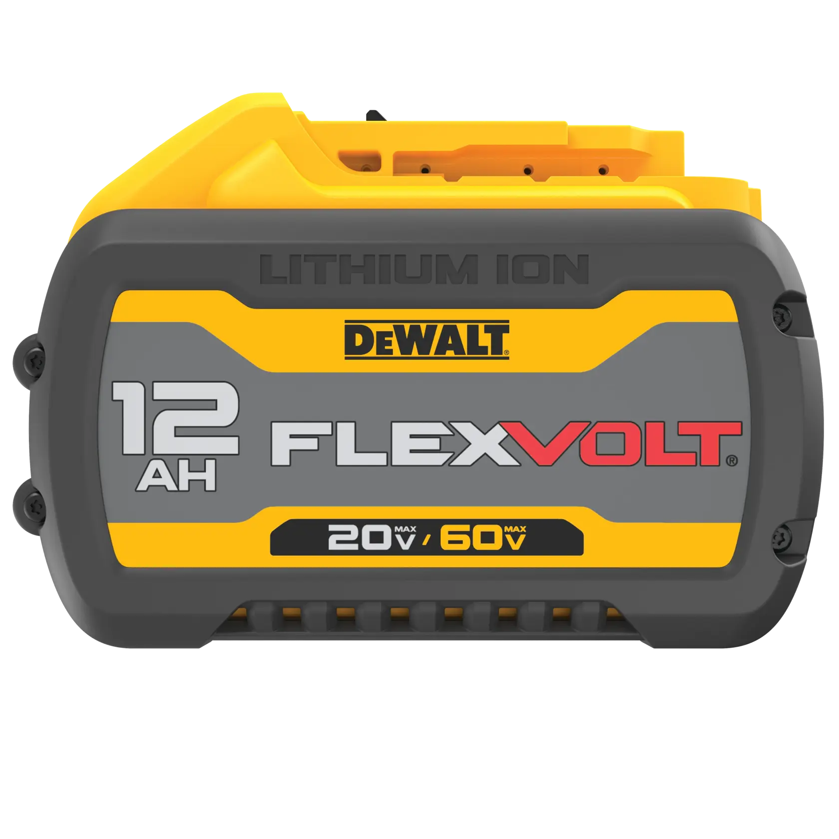 Bateria de íon de lítio DEWALT FLEXVOLT 12 AH, 20V/60V máximo, exibida em uma caixa amarela e cinza.