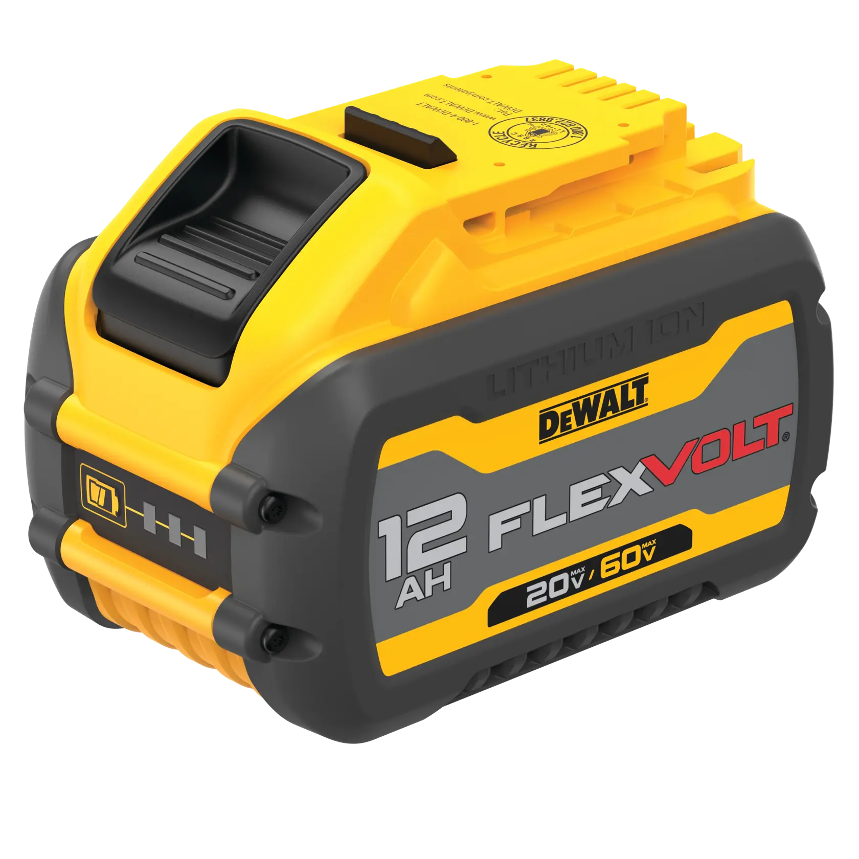 Um pack de bateria de íon de lítio DEWALT FLEXVOLT com 12 ampere-horas, indicado para 20V e 60V máximo, com design preto e amarelo.