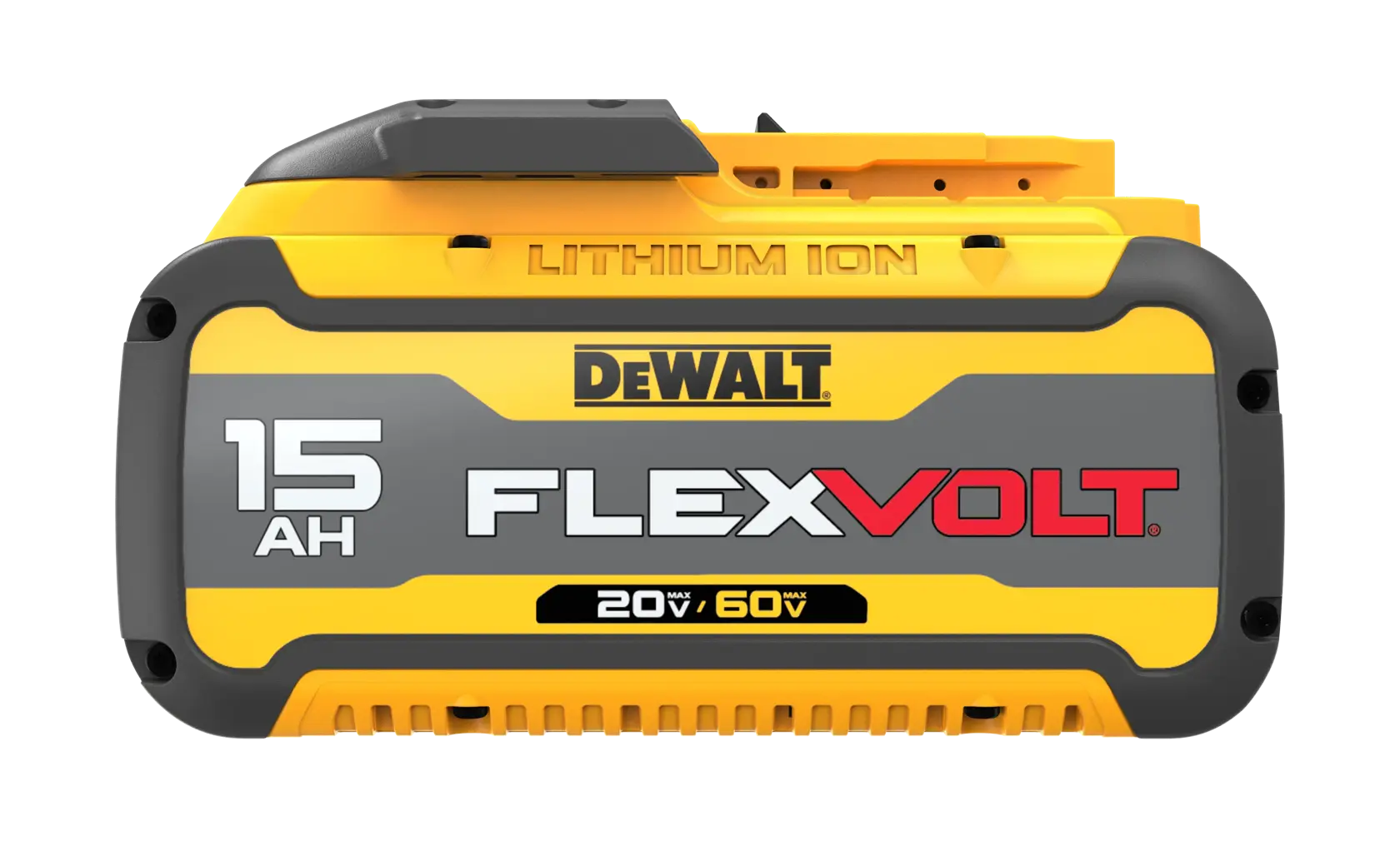 Bateria de íon de lítio DEWALT FLEXVOLT com capacidade de 15 ampère-hora, apresentada em amarelo e cinza, com etiqueta indicando compatibilidade para ferramentas de 20V ou 60V.
