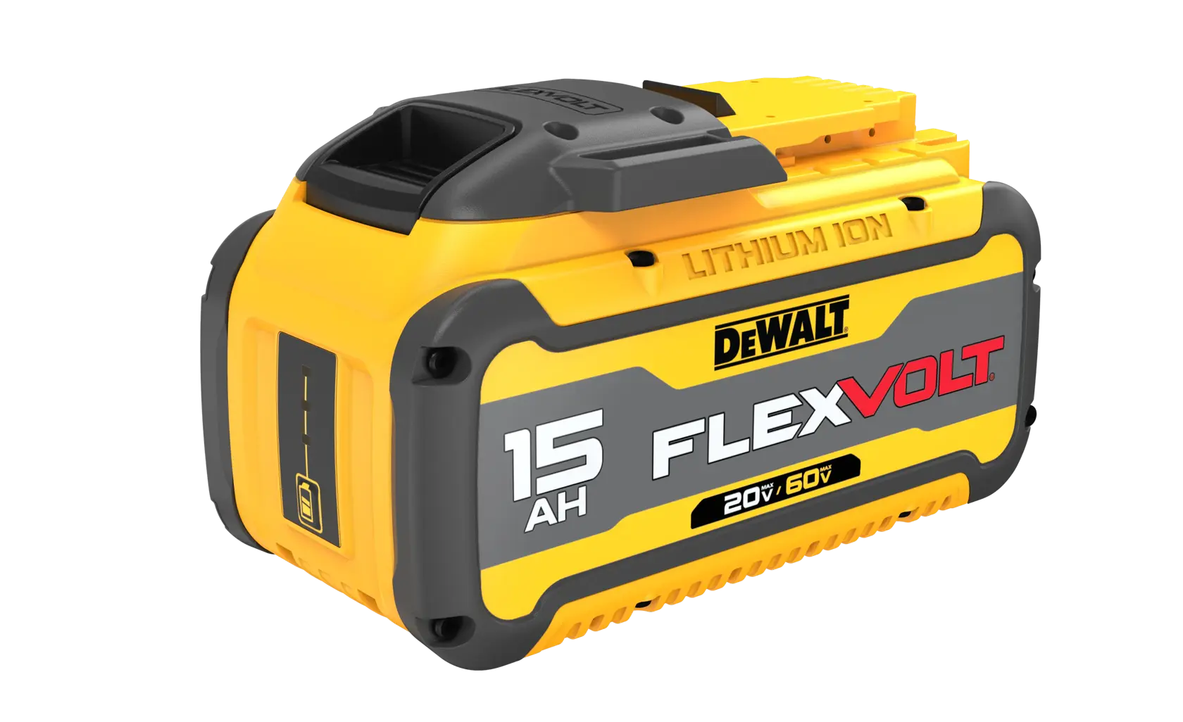 Bateria DEWALT FLEXVOLT de 15Ah, modelo DCB615, com design preto, amarelo e cinza. O rótulo indica suporte para 20V/60V para ferramentas elétricas.