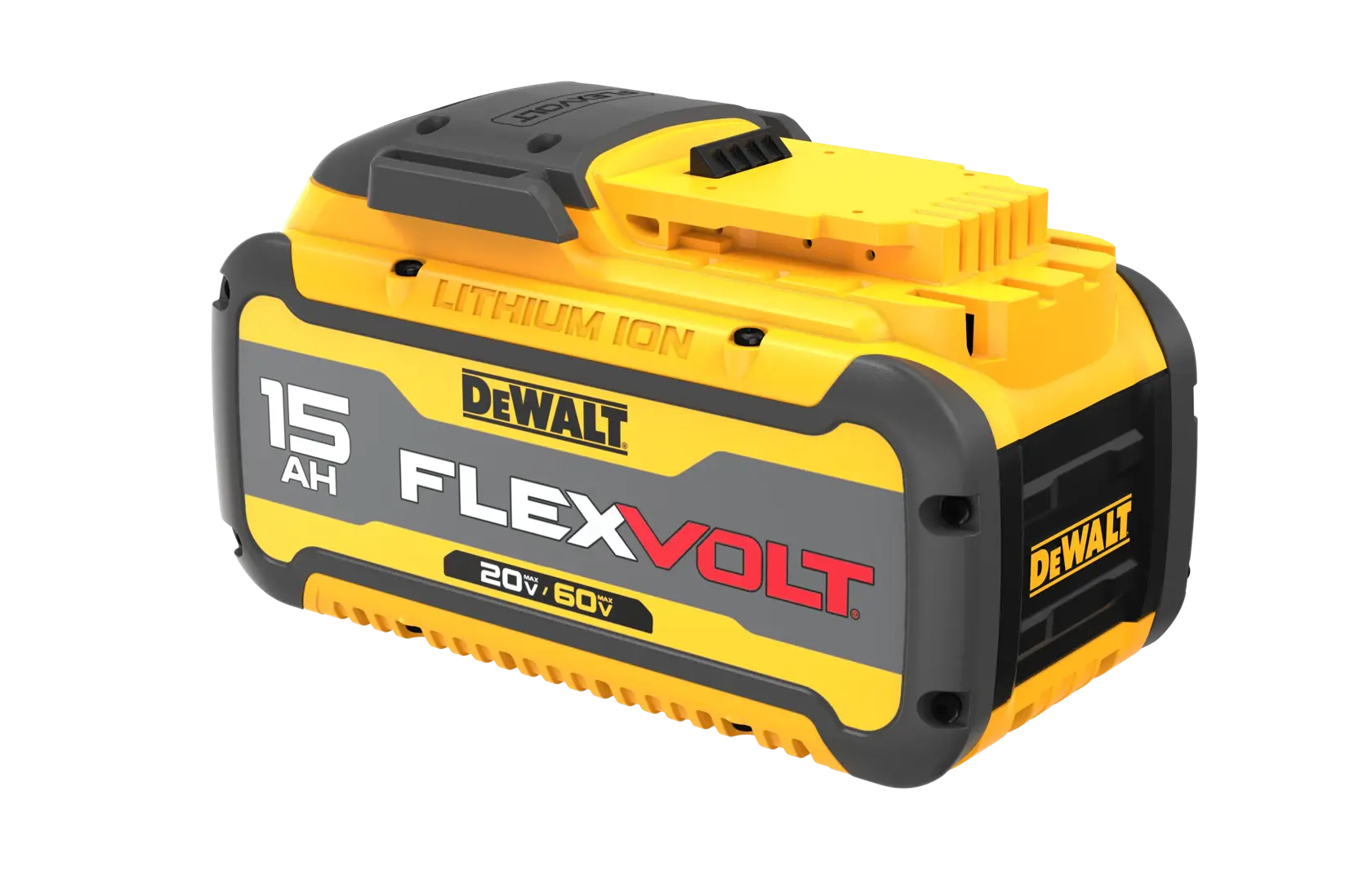 Bateria DEWALT FLEXVOLT 20V/60V 15Ah de íon de lítio, projetada para ferramentas elétricas. A bateria é amarela e preta com o logotipo DEWALT, especificações do produto e marca FLEXVOLT visíveis na lateral.