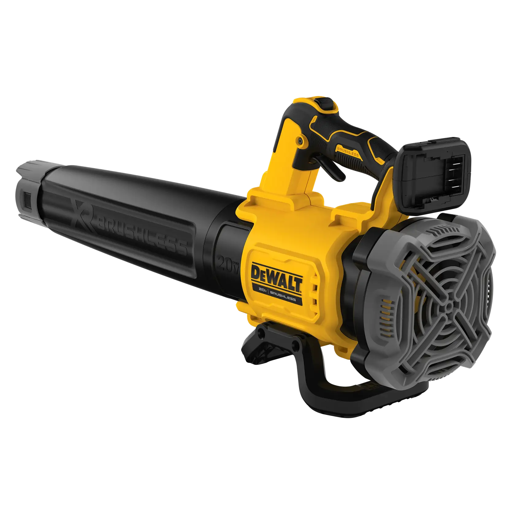 Um soprador de folhas sem fio DEWALT com motor brushless, com design amarelo e preto. O soprador possui uma alça com gatilho, grade de entrada de ar e compartimento para bateria recarregável.
