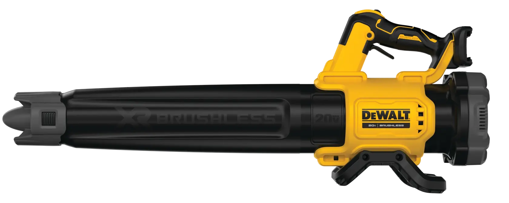 Um soprador de folhas sem fio DEWALT 20V XR brushless com design amarelo e preto, vista lateral mostrando o cabo, gatilho, bico e marca.