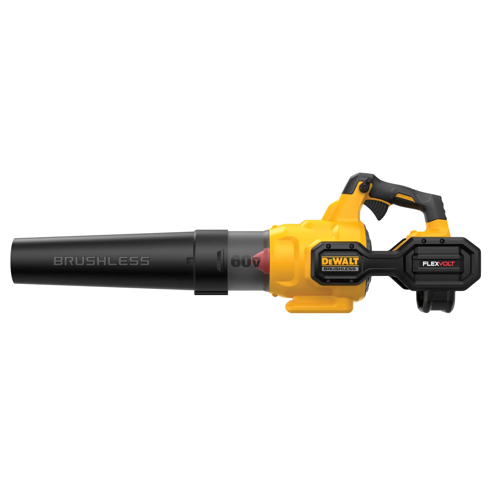 Um soprador de folhas sem fio DEWALT FLEXVOLT 60V brushless, nas cores amarela e preta, mostrado de lado.