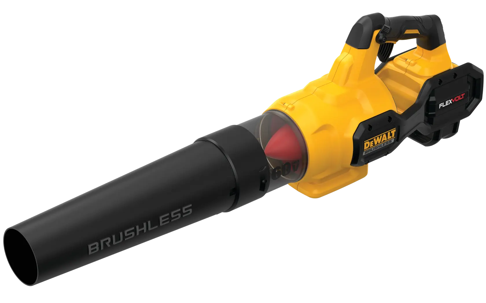Um soprador de folhas sem fio da marca DEWALT nas cores amarelo e preto, com motor brushless e tecnologia FLEXVOLT.