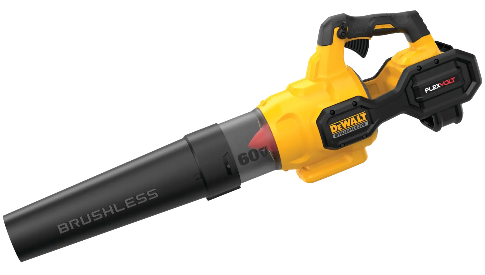 Um soprador de folhas sem fio DEWALT FLEXVOLT 60V brushless, com corpo amarelo e preto, cabo ergonômico e compartimento de bateria visível.
