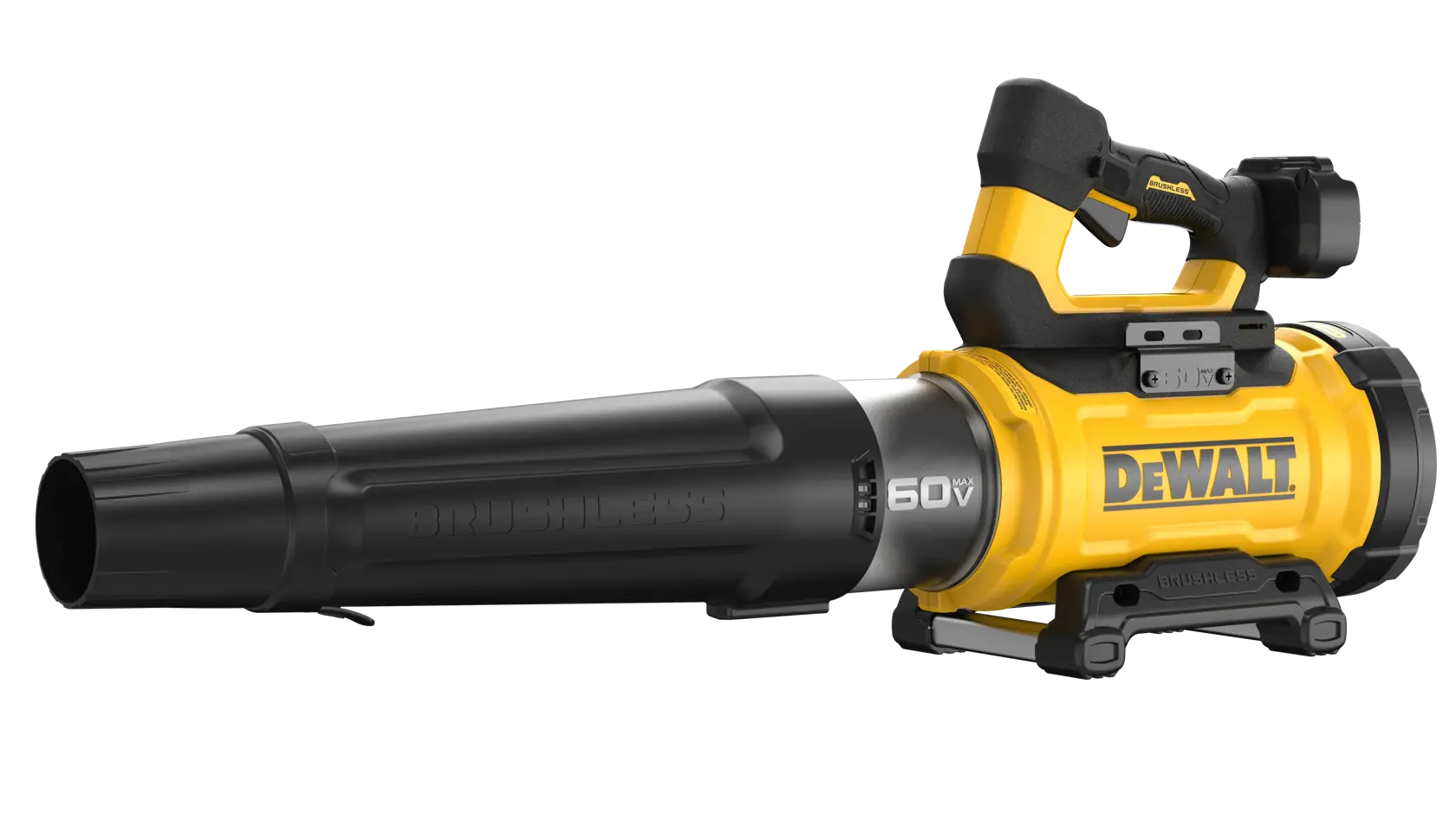 Um soprador de folhas sem fio DEWALT 60V brushless, mostrado em amarelo e preto com uma grande alça e bocal.