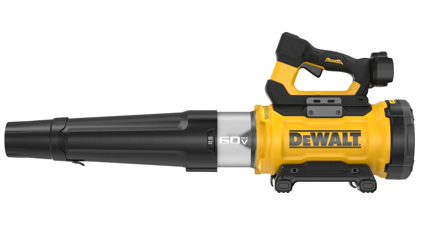 Vista lateral de um soprador de folhas portátil sem fio DEWALT 60V MAX brushless, com design amarelo e preto.
