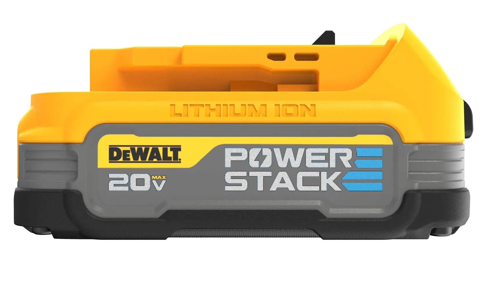Vista frontal de uma bateria de íon de lítio DEWALT 20V MAX POWERSTACK. A bateria é amarela e cinza, com o logotipo da DEWALT e o nome do produto visíveis.