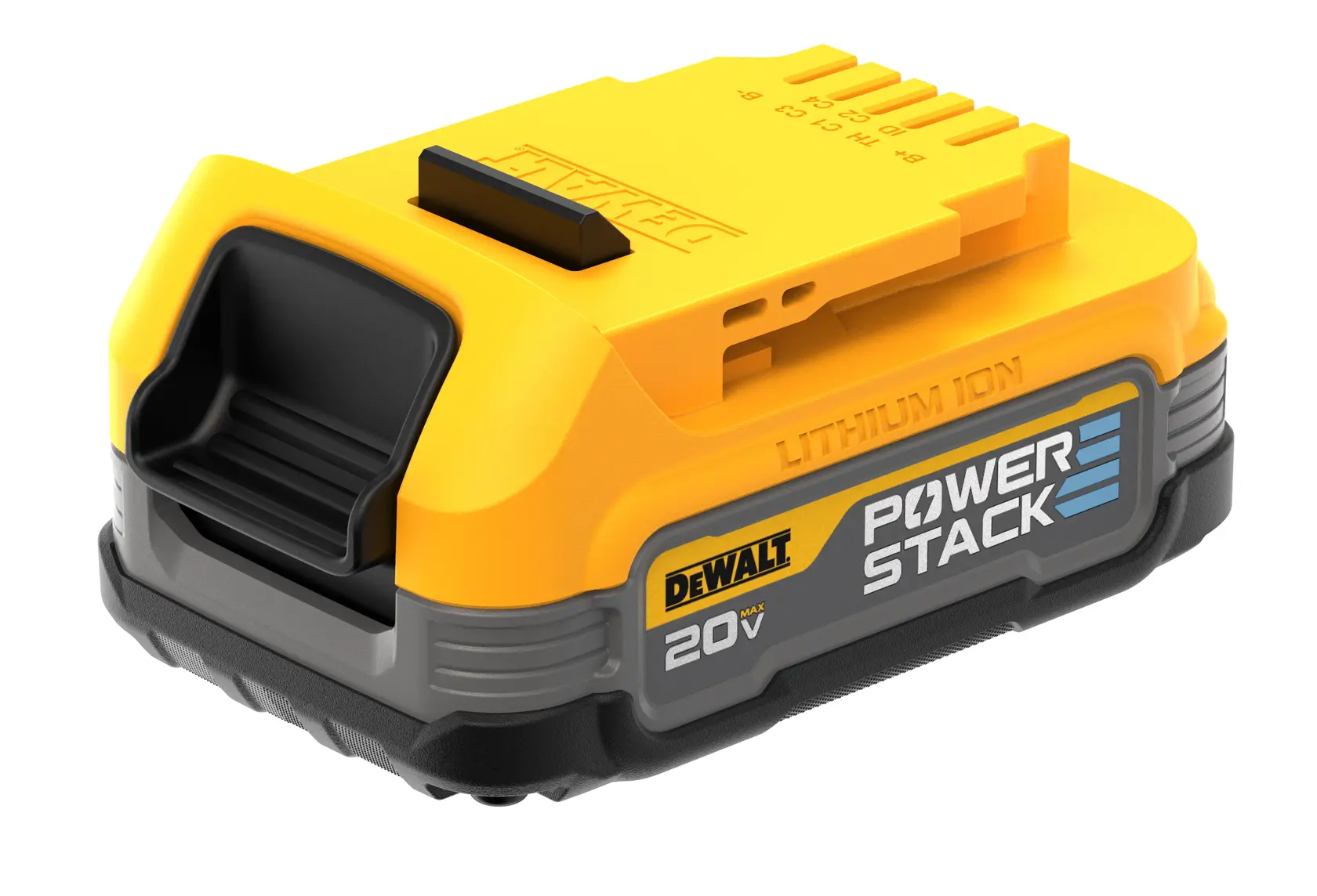 Uma bateria de íon de lítio DEWALT PowerStack 20V, com design compacto em amarelo e preto e a marca DEWALT e informações do modelo claramente visíveis.