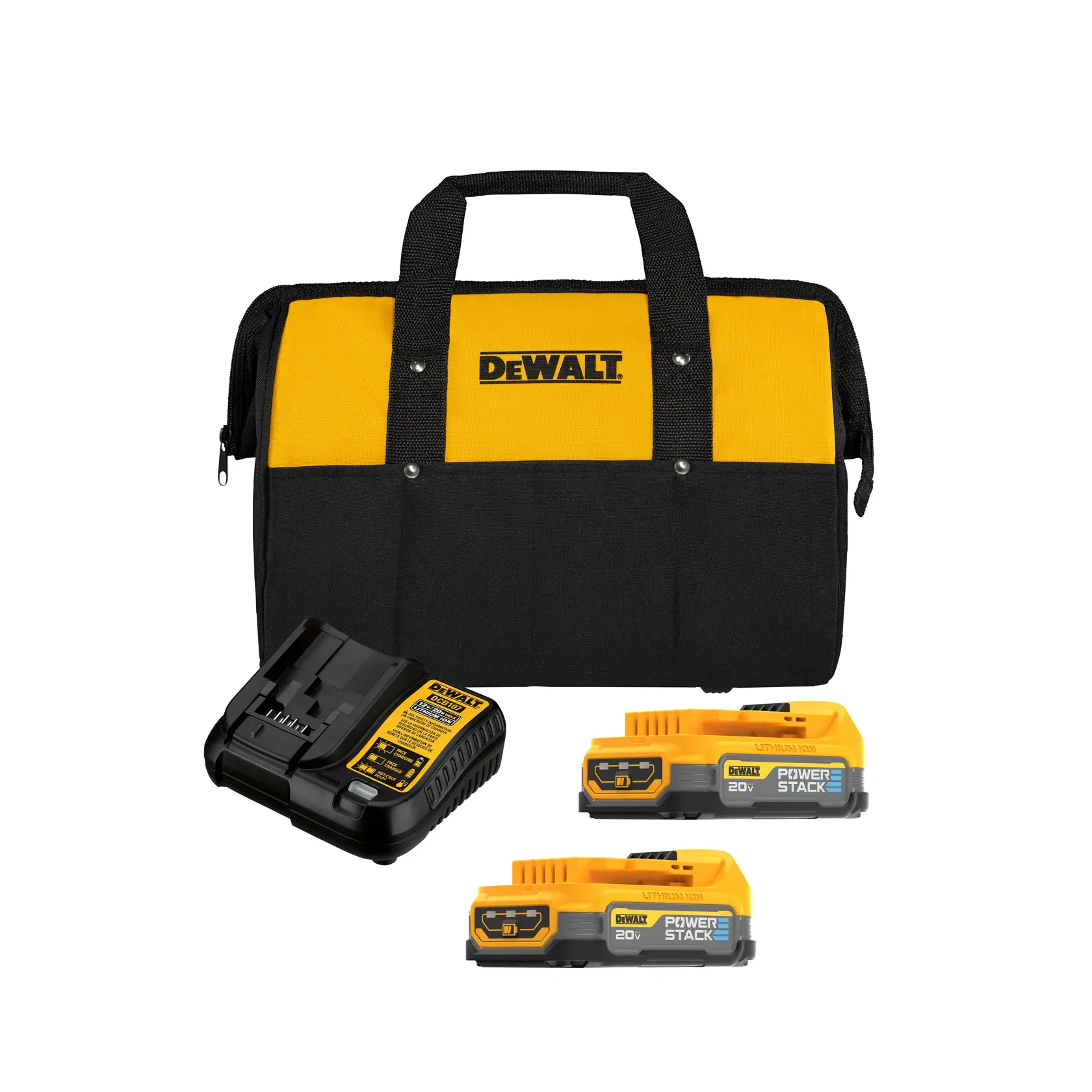 Bolsa de ferramentas DEWALT nas cores amarela e preta, acompanhada de um carregador de bateria e duas baterias DEWALT 20V POWERSTACK, posicionados sobre um fundo branco.