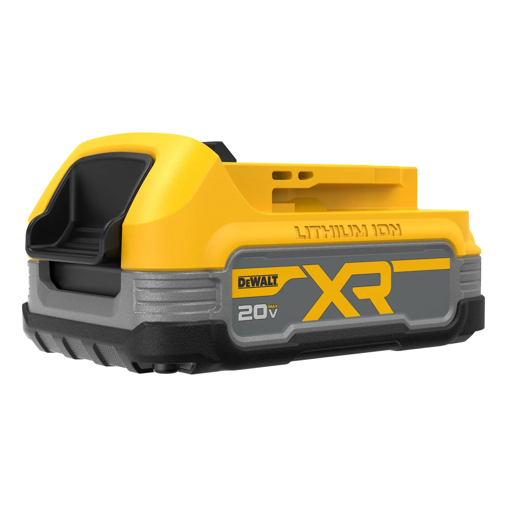 Uma bateria de íons de lítio DEWALT XR 20V, predominantemente amarela e preta, projetada para ferramentas elétricas.