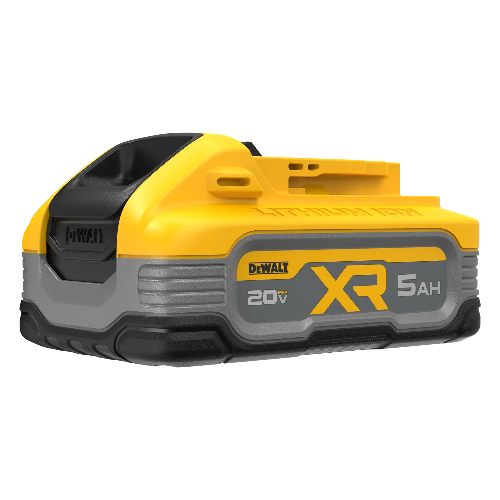 Uma bateria de íons de lítio DEWALT XR para ferramentas elétricas, nas cores amarela e preta, com capacidade de 20V Max e 5Ah claramente marcada na lateral.
