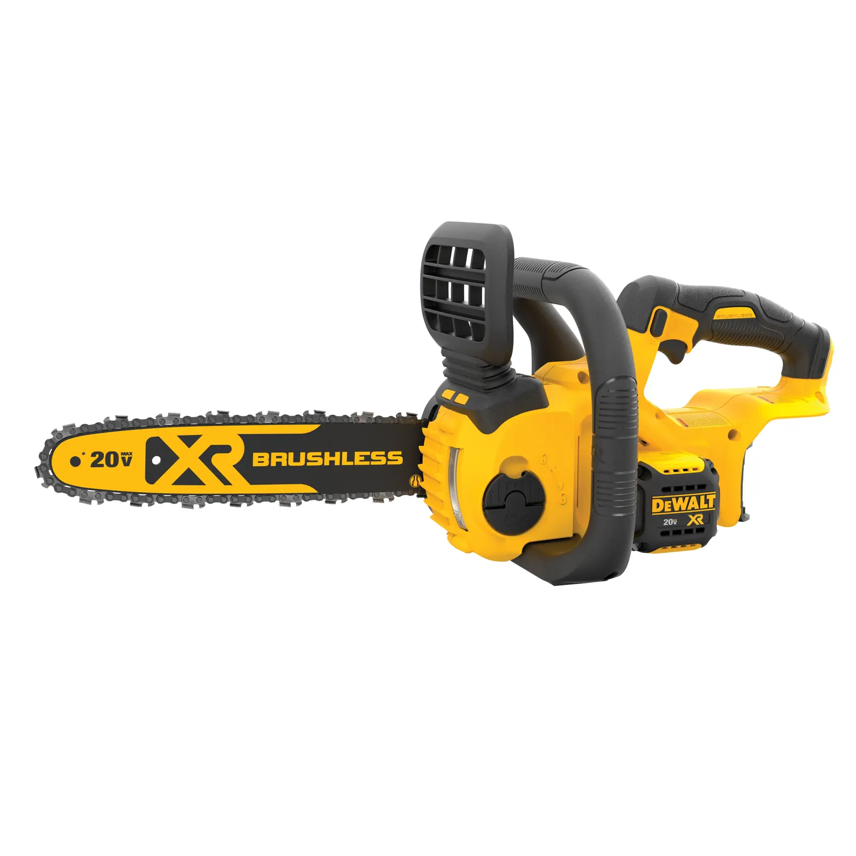 Uma motosserra sem fio DEWALT 20V XR Brushless amarela e preta com alça lateral e proteção de segurança, exibida em um fundo branco.
