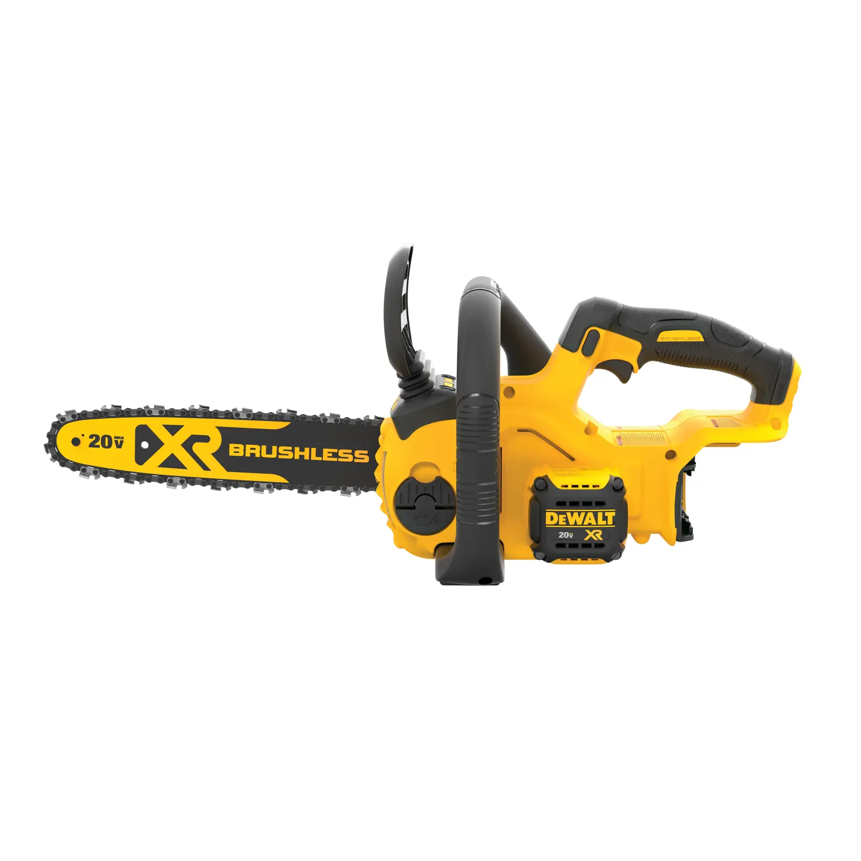 Uma motosserra sem fio DEWALT XR Brushless 20V amarela e preta, mostrada de lado em um fundo branco.