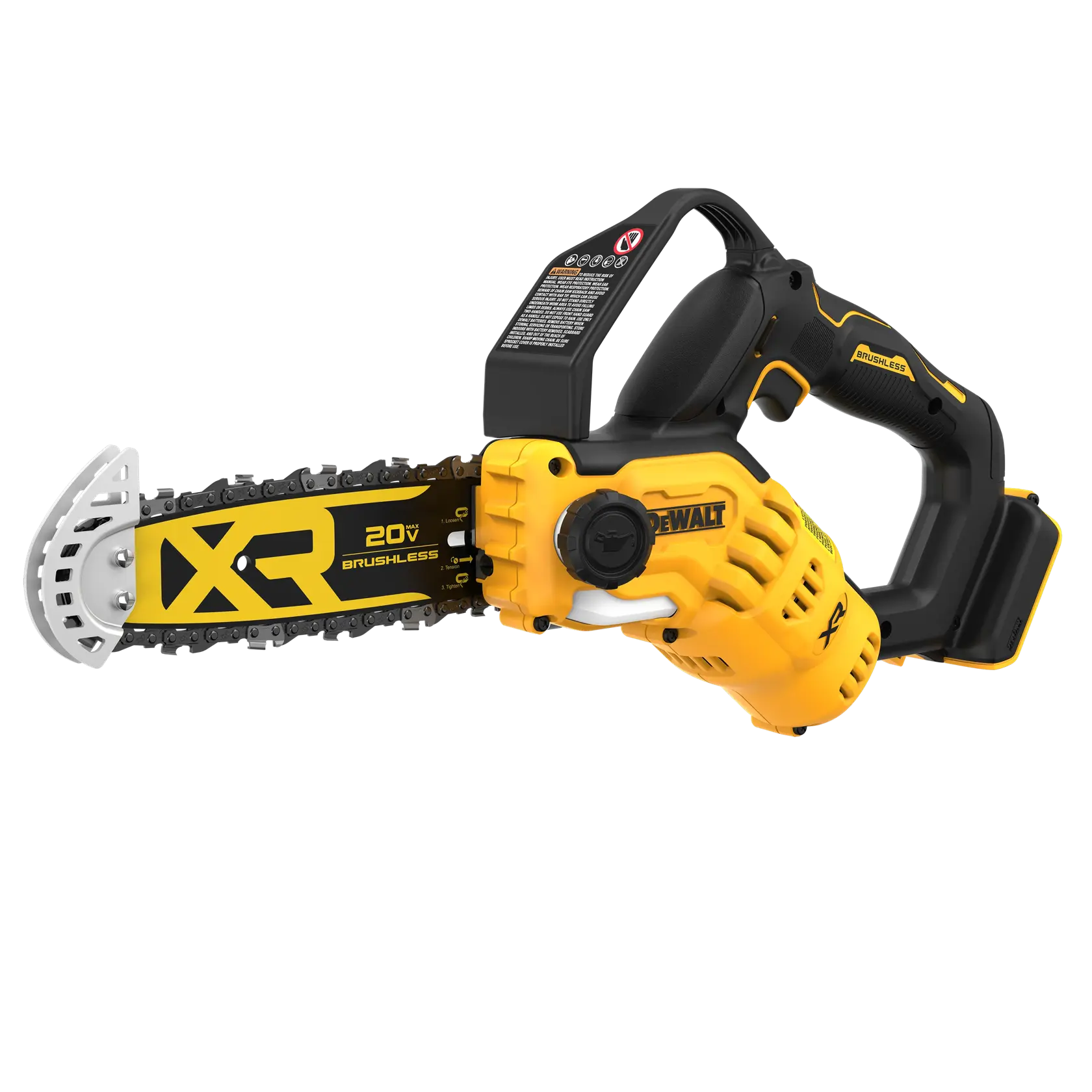 Uma motosserra sem fio DEWALT XR 20V brushless com design amarelo e preto, possui proteção de segurança e cabo ergonômico. A corrente e a lâmina estão visíveis, ideal para cortar madeira e uso externo.