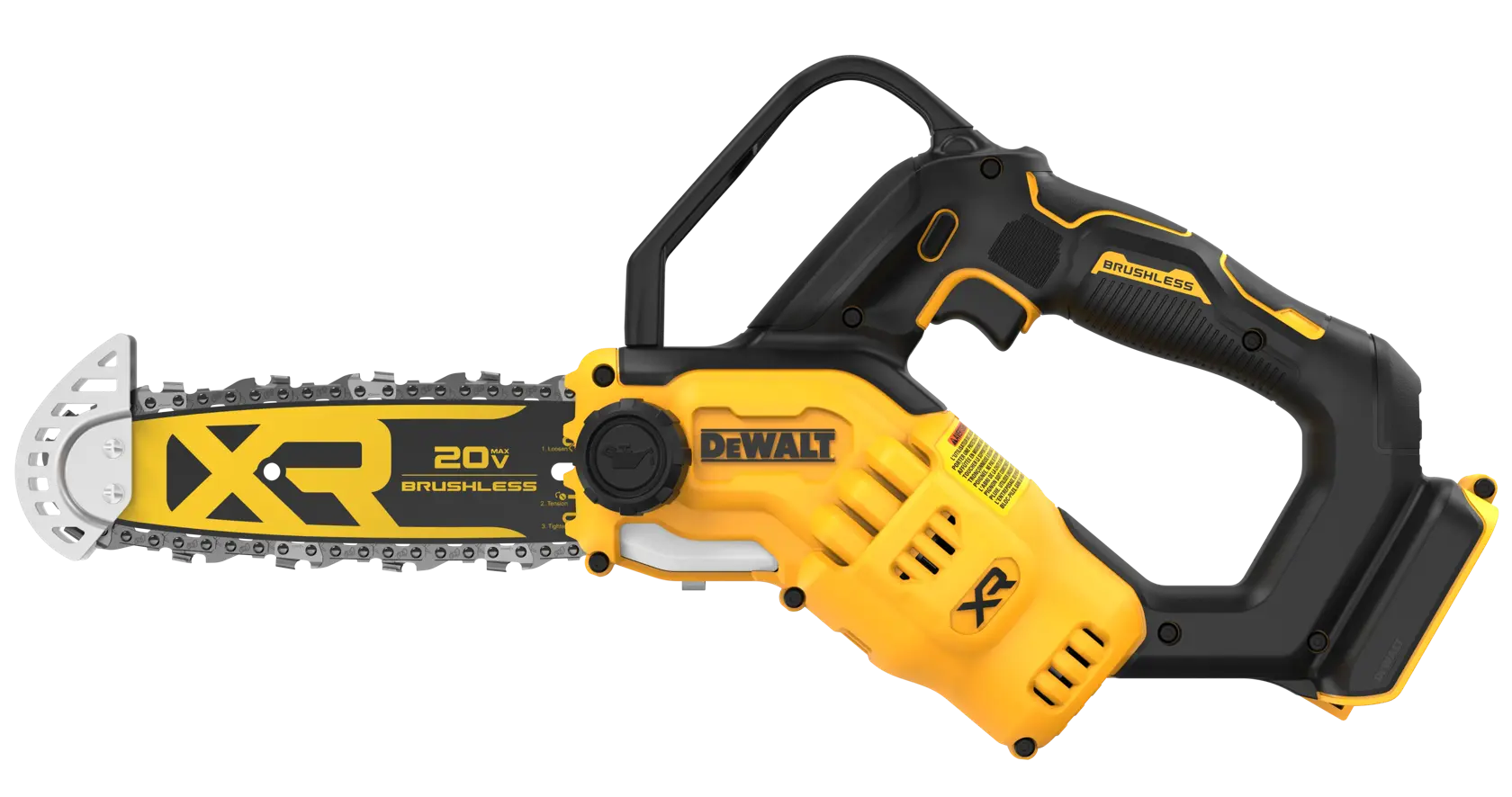 Uma motosserra sem fio DEWALT XR 20V brushless com design amarelo e preto, mostrando a lâmina, a corrente e o cabo.