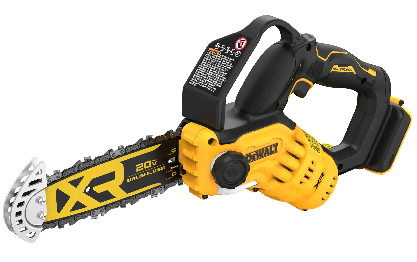 Uma motosserra sem fio DEWALT 20V brushless com design amarelo e preto, modelo DCCS623B, adequada para tarefas de corte compactas.