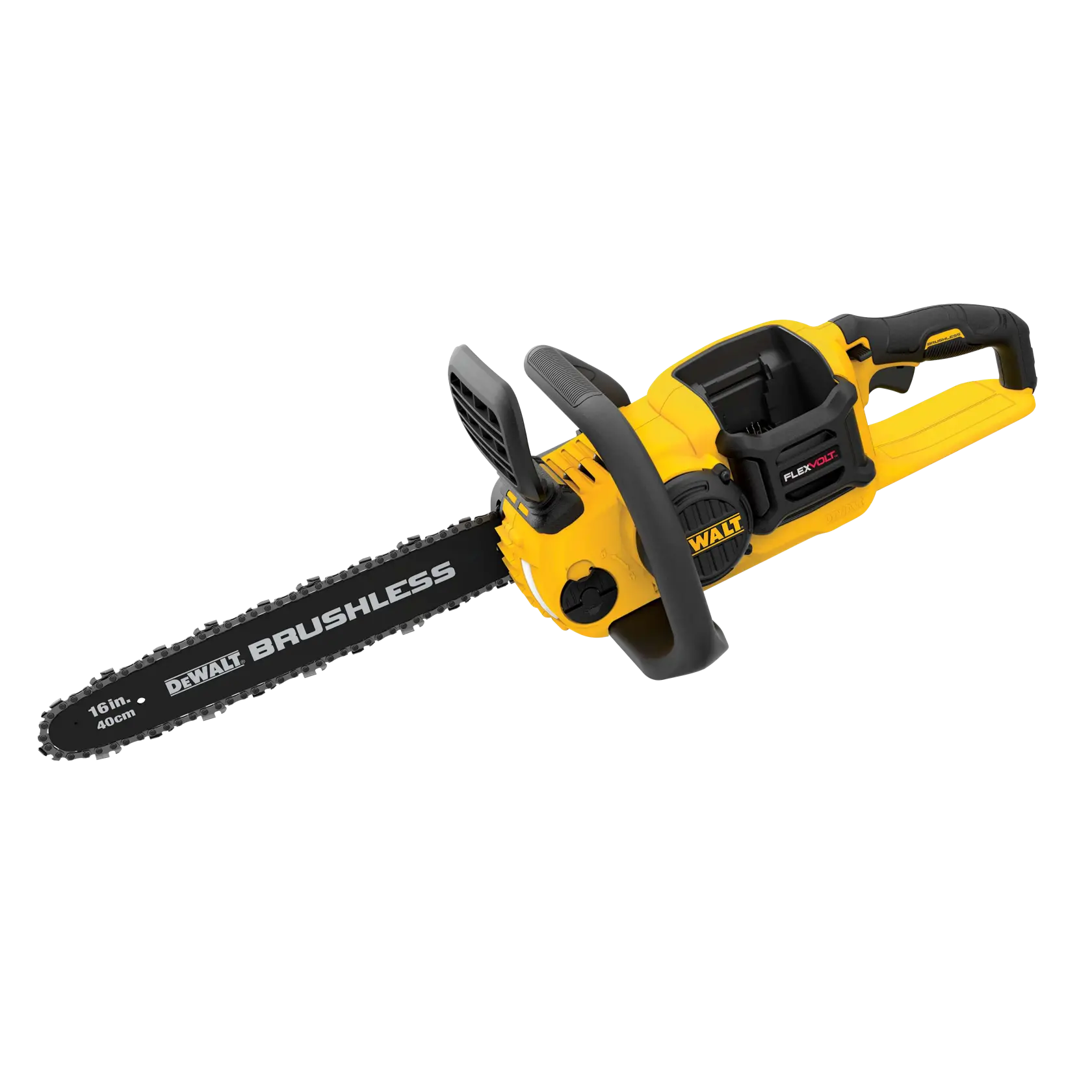 Motosserra DEWALT sem fio amarela com motor brushless e barra de 40 cm para tarefas externas de corte.
