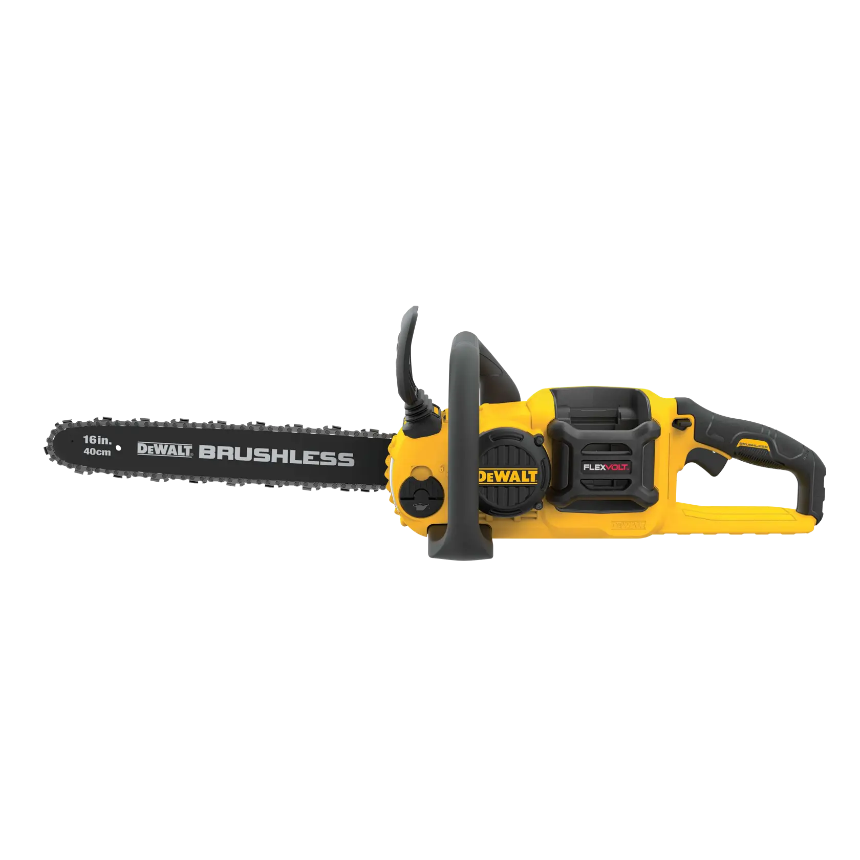Motosserra DEWALT amarela brushless, barra de 16 polegadas e compartimento de bateria FLEXVOLT.