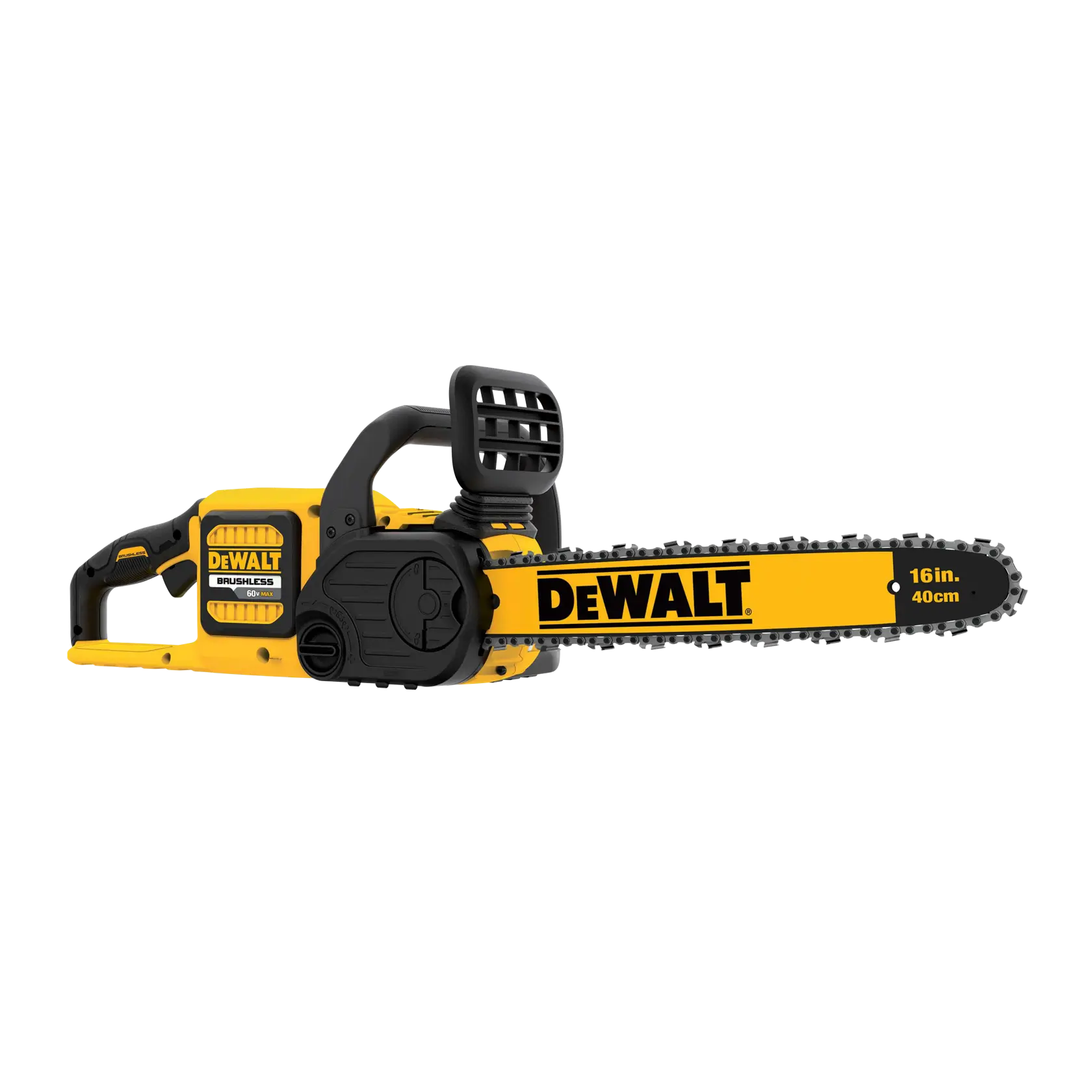Motosserra sem fio DEWALT 16 polegadas, design amarelo e preto, motor brushless e alça ergonômica.