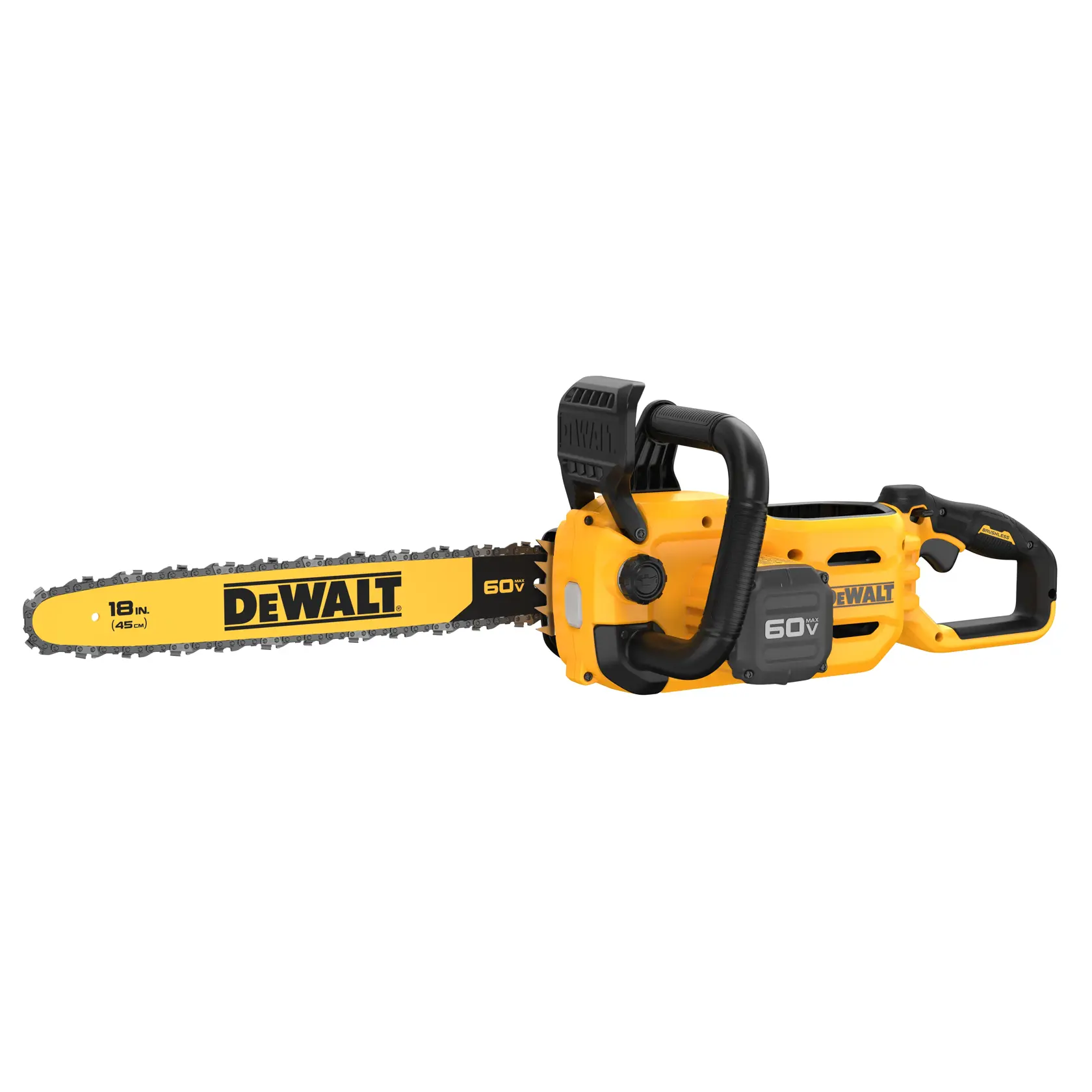 Uma motosserra sem fio DEWALT amarela e preta com barra guia de 18 polegadas e bateria de 60V, exibida em fundo branco.