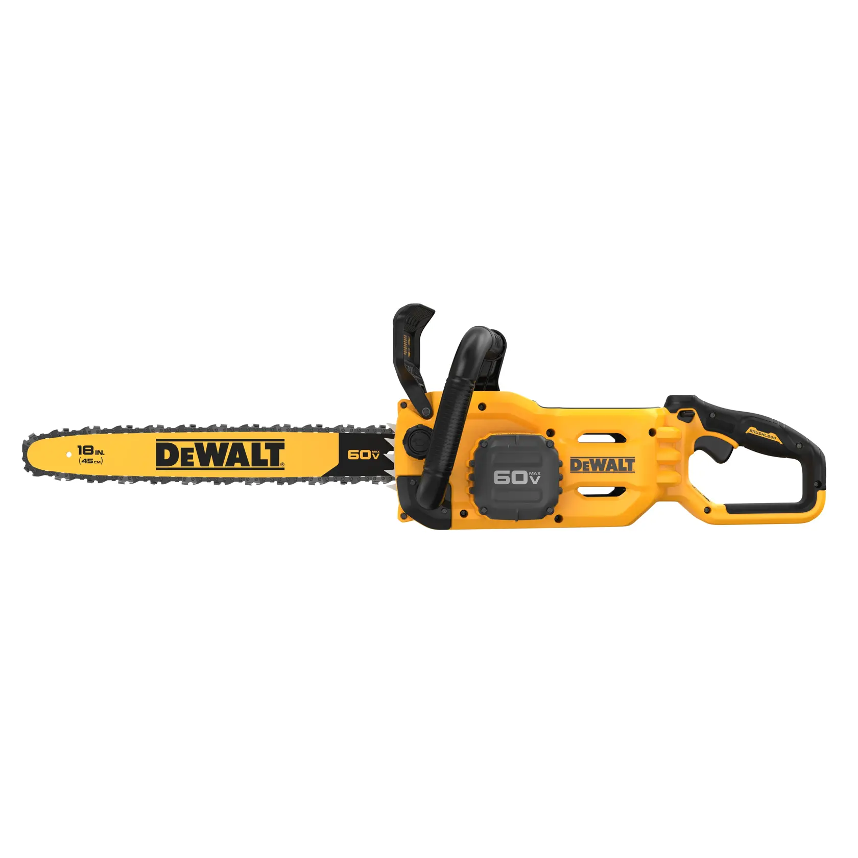 Uma motosserra sem fio DEWALT 60V amarela e preta com barra de 18 polegadas, equipada com alças ergonômicas e design moderno.