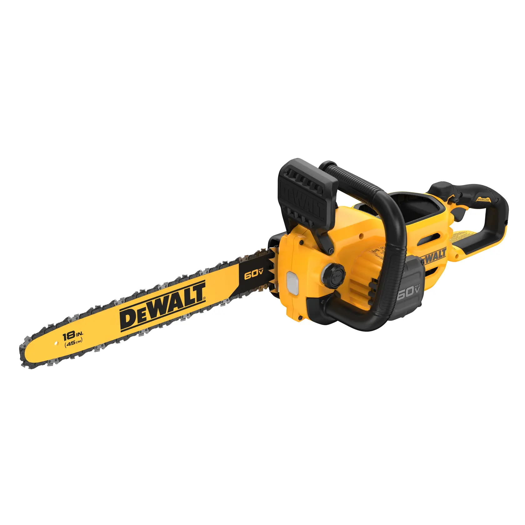 Uma motosserra sem fio DEWALT amarela e preta com barra de 45 cm, sistema de bateria 60V e design ergonômico de pegada.
