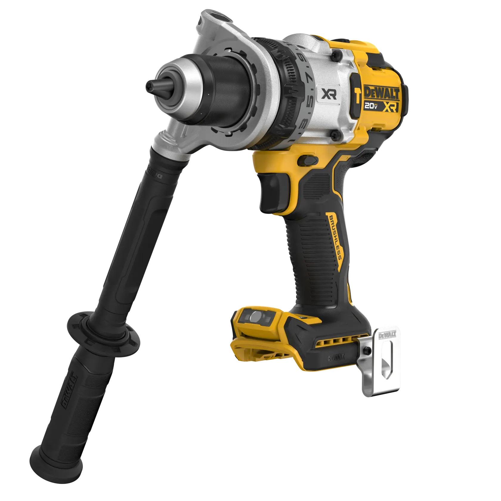 Furadeira sem fio DEWALT 20V XR com cabo lateral e presilha de cinto de metal. A ferramenta possui design em amarelo e preto, com marca e informações do motor brushless visíveis na lateral.