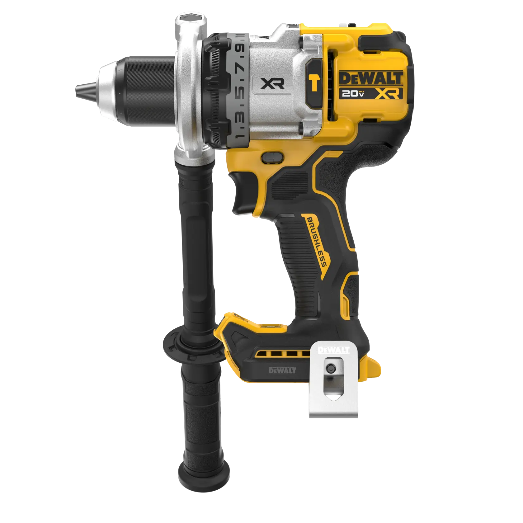 Mano con guante usando taladro DEWALT inalámbrico en piso de obra, con herramientas y tornillos cerca.