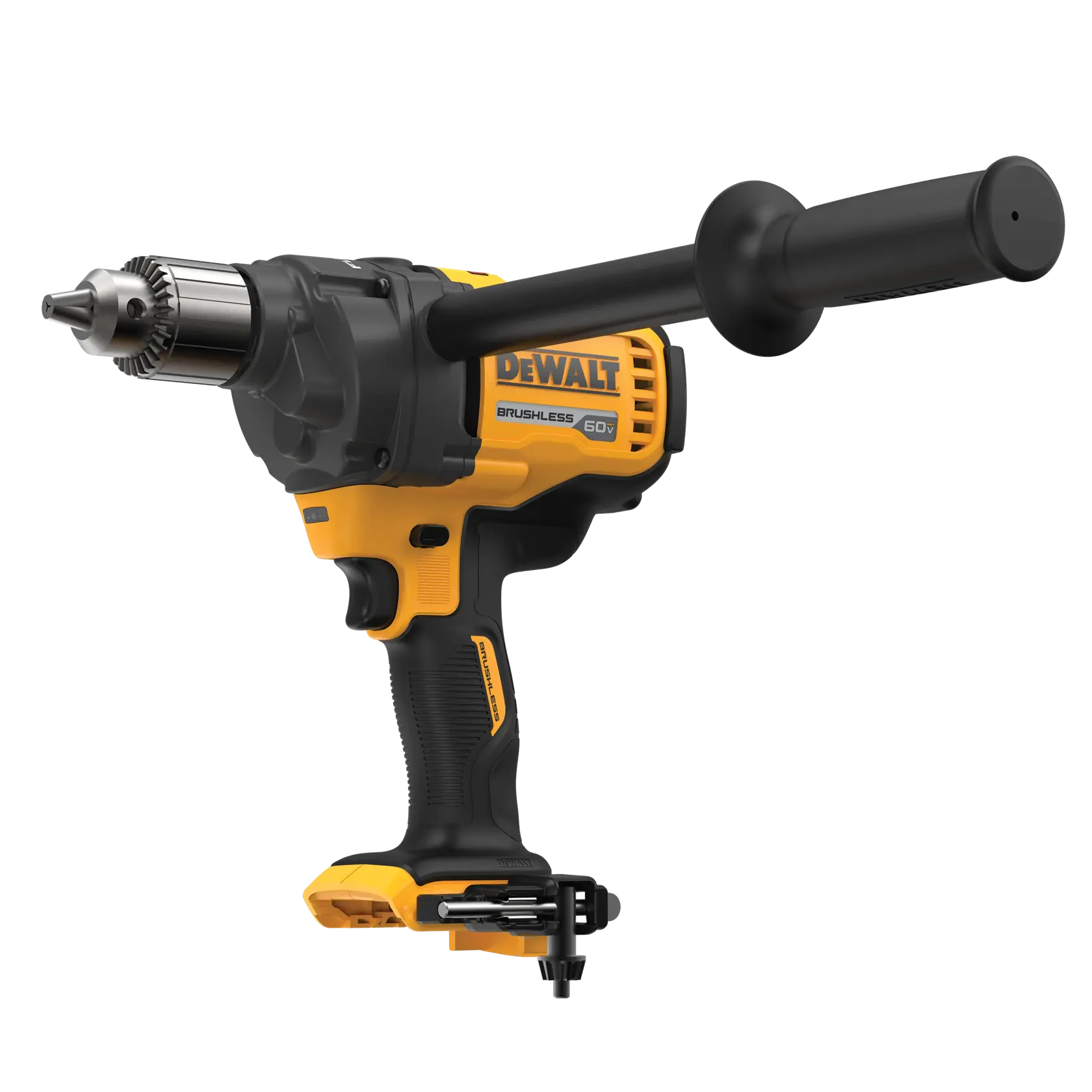 Uma furadeira sem fio DEWALT 60V brushless com cabo lateral, apresentada sobre fundo branco.