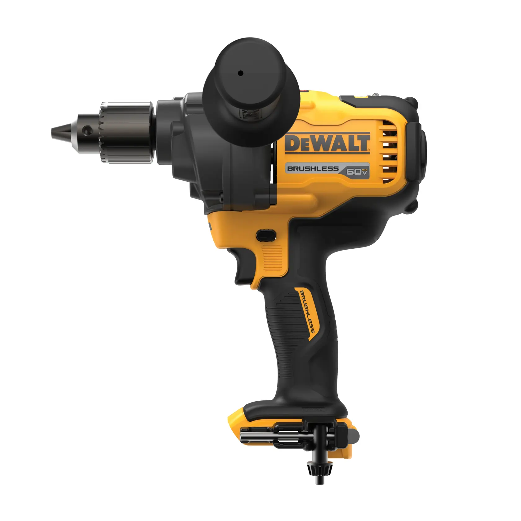 Vista lateral de uma furadeira elétrica DEWALT de 60V sem escova com cabo preto e amarelo, apresentando uma alça lateral destacável e mandril sem chave.