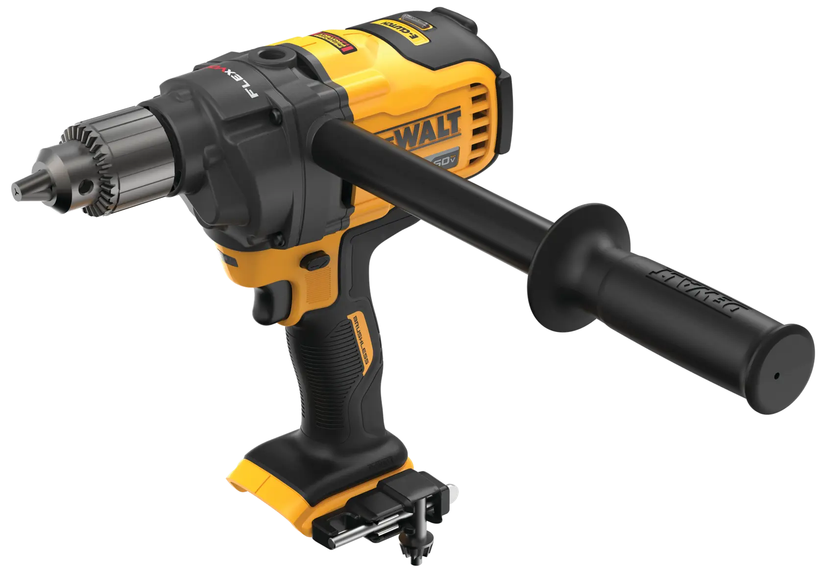 Furadeira sem fio DEWALT com design amarelo e preto, alça lateral para maior estabilidade e mandril de metal para segurar as brocas.