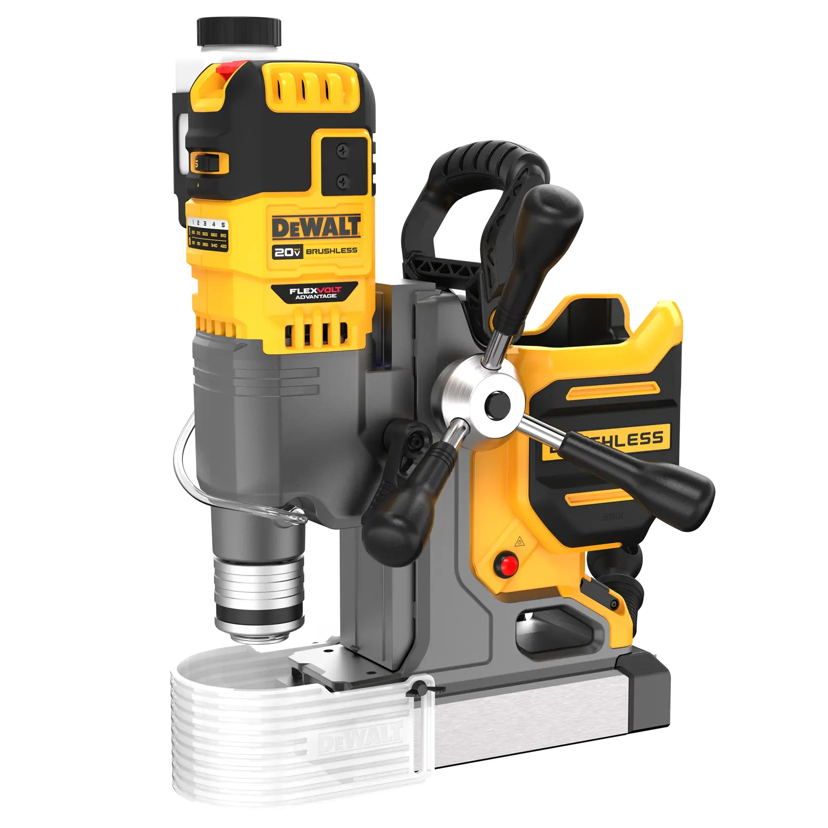 Furadeira magnética DEWALT 20V sem escova com alça e controles em fundo branco.