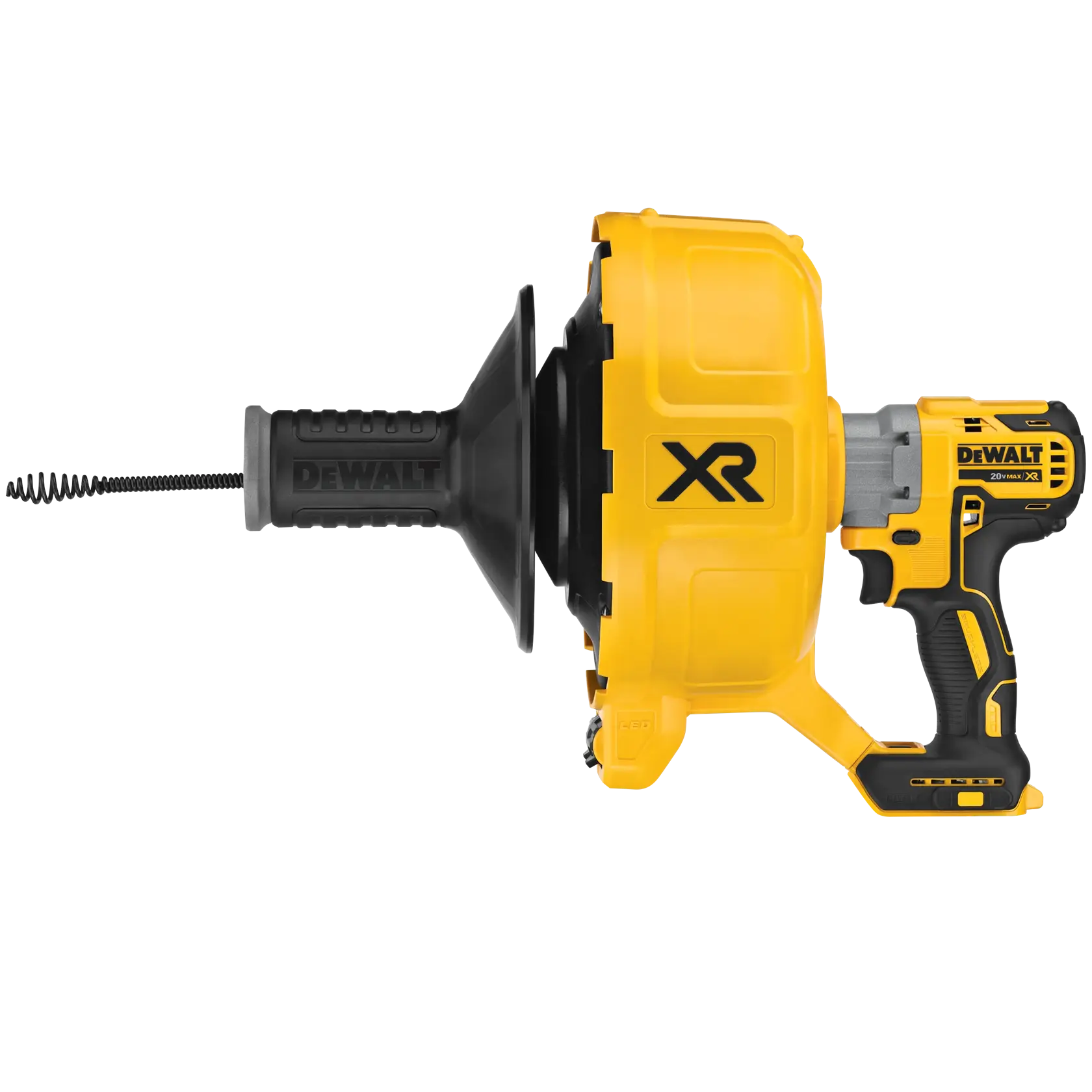 Uma ferramenta desentupidora sem fio DEWALT, com design amarelo e preto, composta por cabo, tambor e cabo flexível para desentupir ralos.