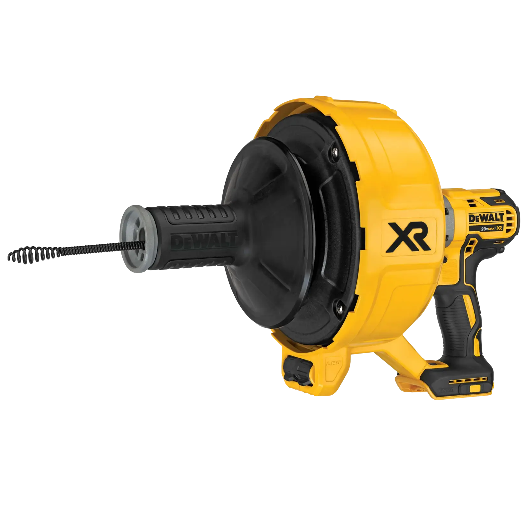Desentupidor sem fio DEWALT com design amarelo e preto, usado para limpeza de ralos, visto de lado com tambor, cabo e cabo flexível visível.