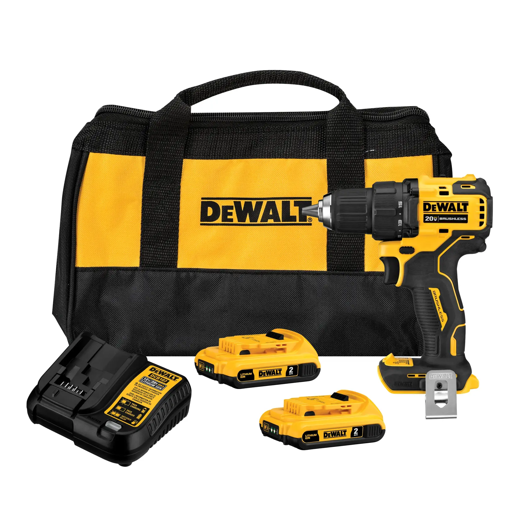 Um kit de furadeira sem fio DEWALT 20V com uma furadeira, duas baterias, um carregador e uma bolsa de transporte preta e amarela.