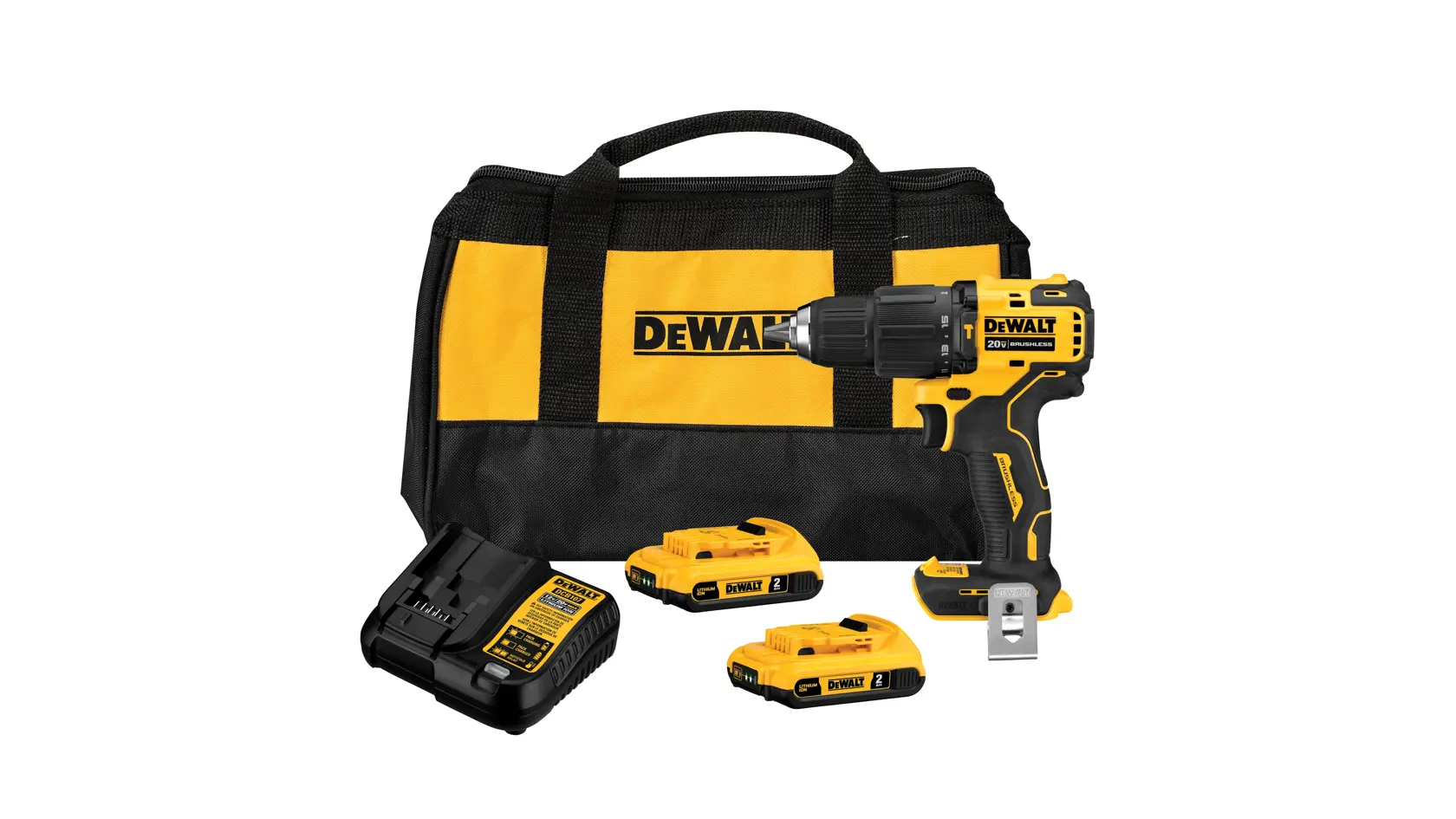 Conjunto de furadeira sem fio DEWALT com bolsa de transporte amarela e preta, duas baterias recarregáveis, carregador de bateria e ferramenta de furadeira.
