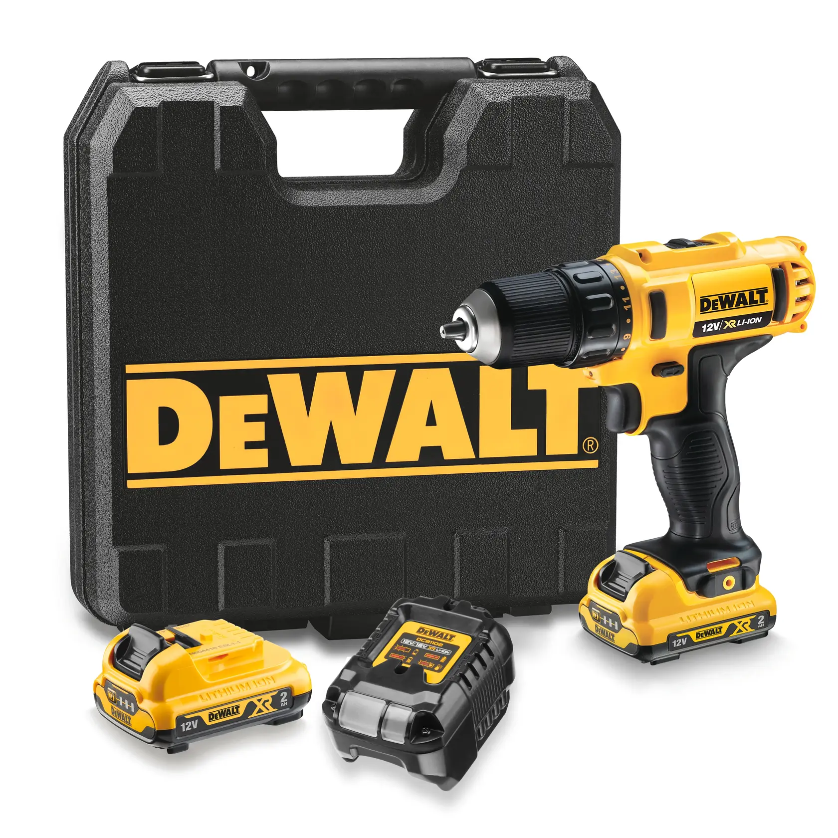 Um conjunto de furadeira sem fio DEWALT 12V XR Li-Ion incluindo uma furadeira amarela e preta, dois pacotes de bateria, um carregador e uma maleta rígida com o logotipo DEWALT.
