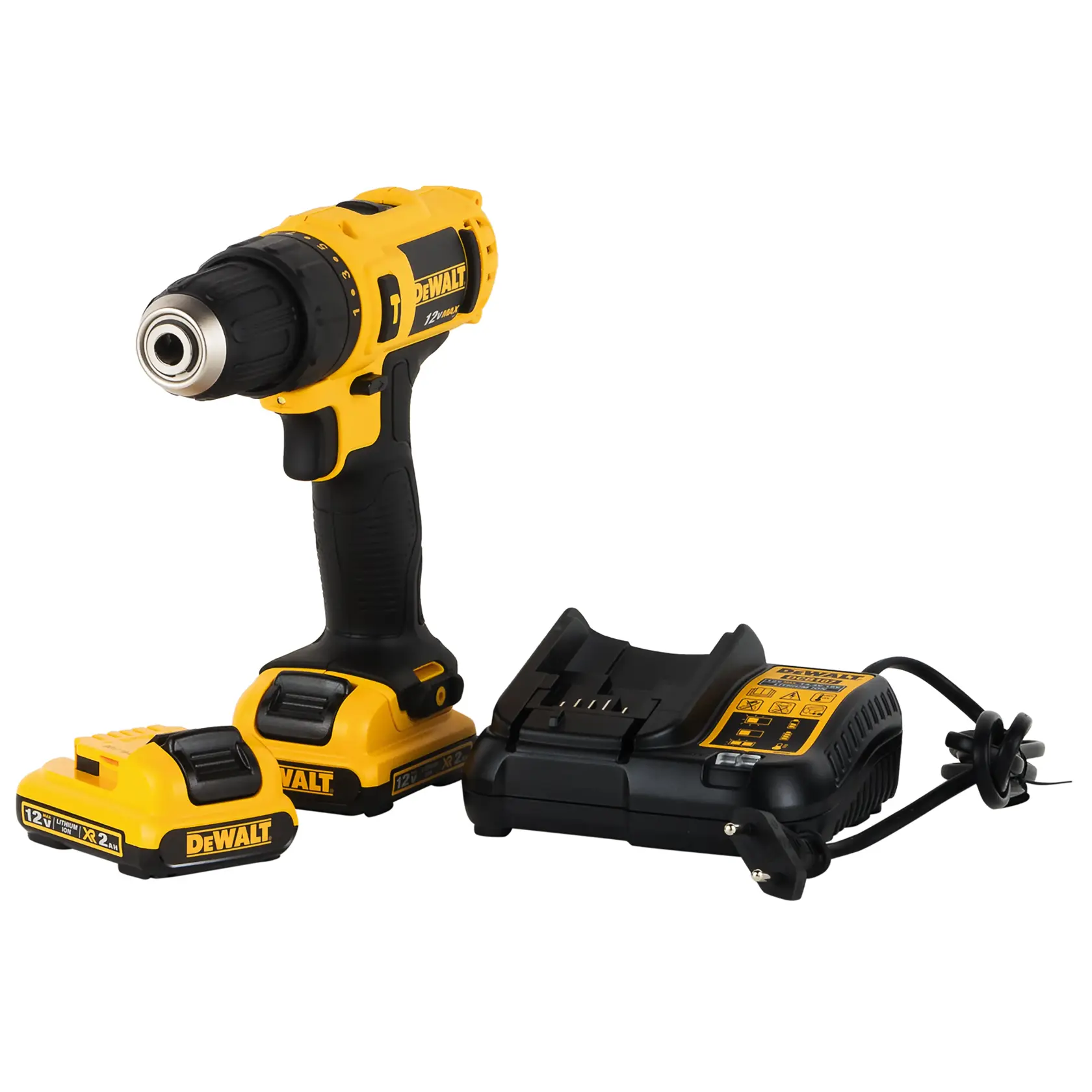 Conjunto de furadeira sem fio DEWALT com furadeira amarela e preta, duas baterias recarregáveis e uma estação de carregamento.