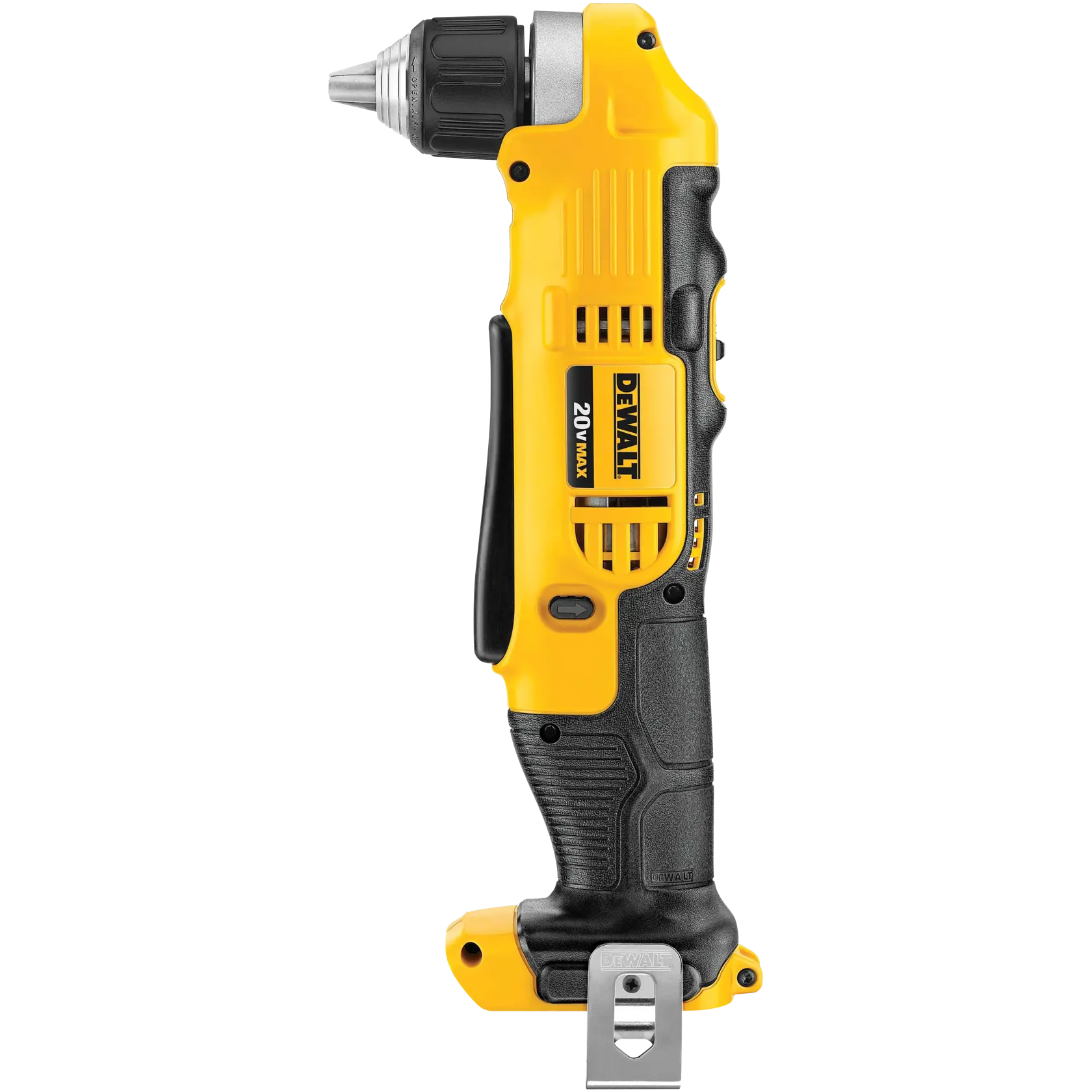 Furadeira angular sem fio DEWALT 20V Max com cabo ergonômico amarelo e preto, exibida em pé sobre fundo branco.