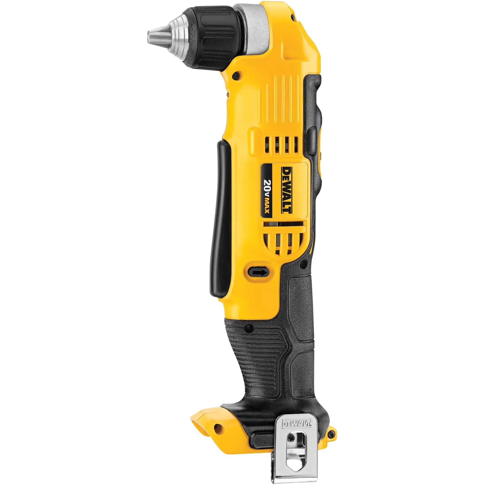 Corpo de furadeira angular sem fio DEWALT 20V MAX, modelo DCD740B, mostrado nas cores amarela e preta com presilha de metal na base. O equipamento tem empunhadura ergonômica e cabeça angulada para locais estreitos. Não possui bateria acoplada.