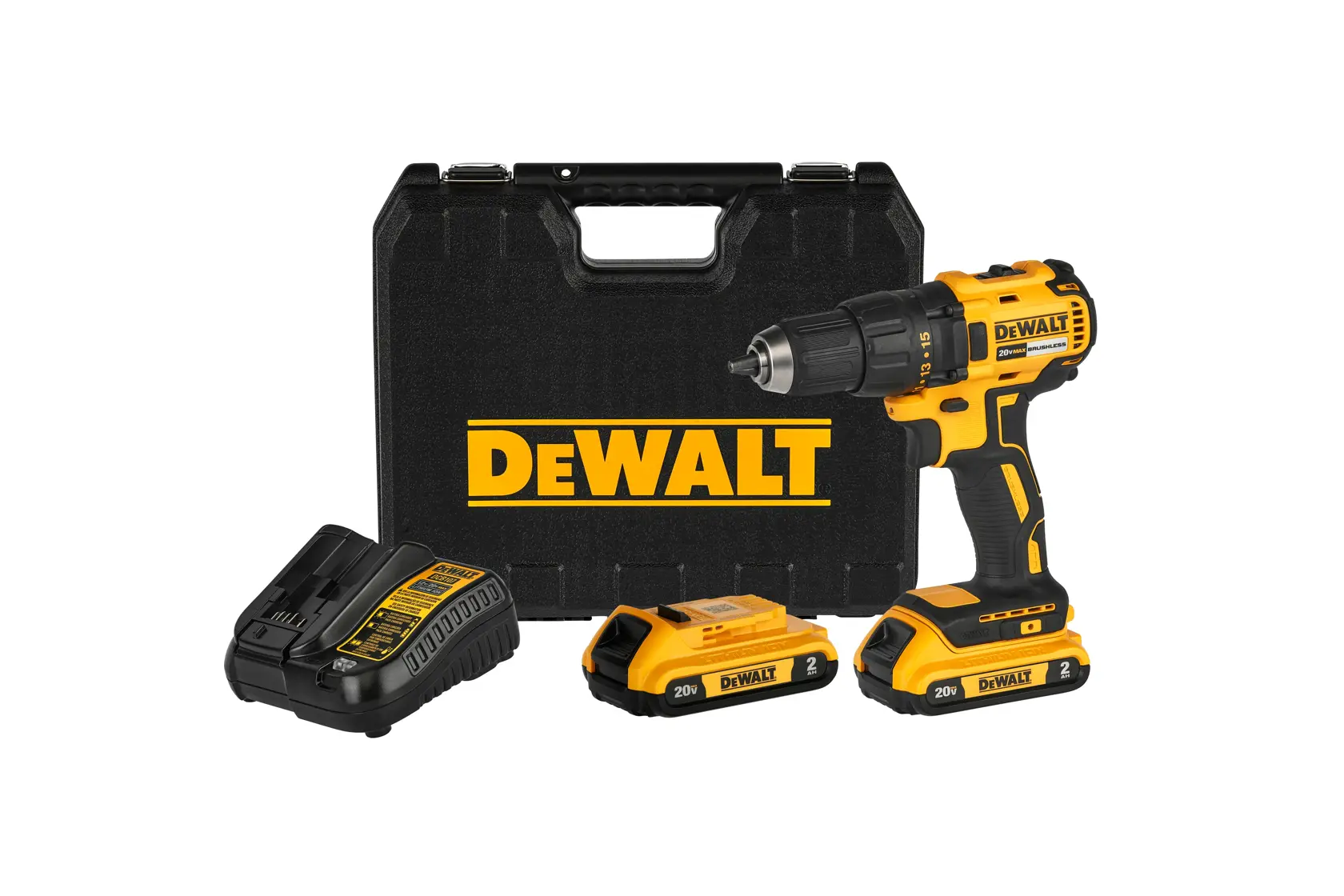 Um kit de furadeira sem fio DEWALT, incluindo uma furadeira amarela e preta, duas baterias, um carregador e uma maleta preta com o logotipo da DEWALT.