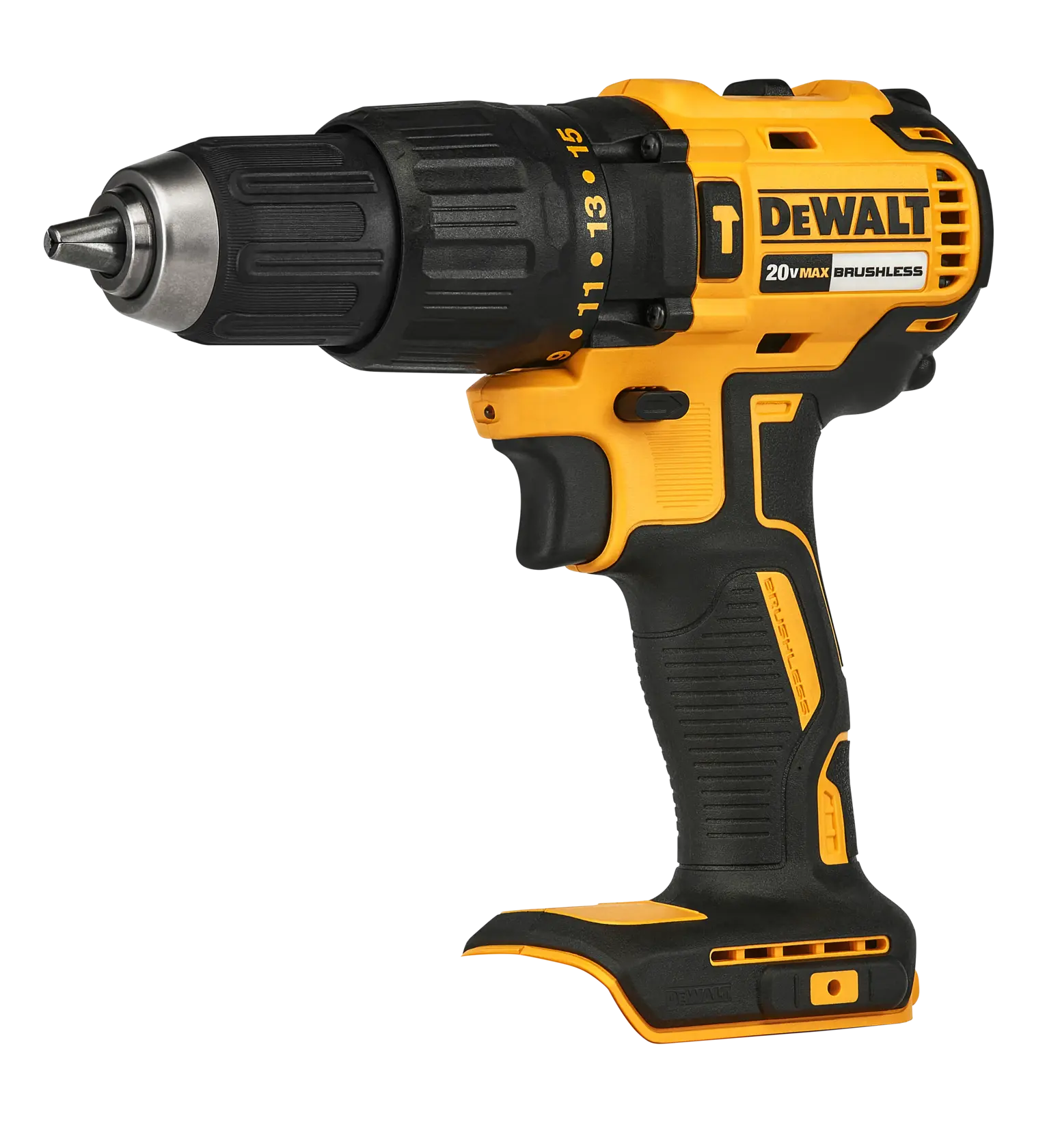 Furadeira sem fio DEWALT amarela e preta com cabo ergonômico e configurações ajustáveis na lateral.