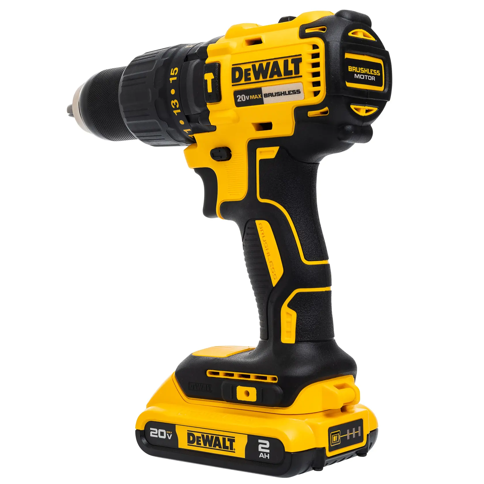 Furadeira DEWALT sem fio 20V amarela e preta com motor brushless e bateria de 2Ah.