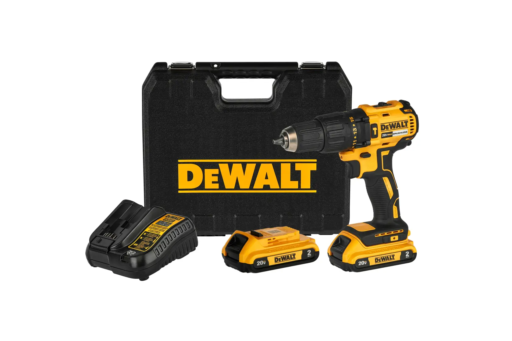 Um kit de furadeira sem fio DEWALT incluindo uma furadeira amarela e preta, dois pacotes de bateria recarregáveis, um carregador de bateria e uma maleta preta com o logotipo DEWALT.